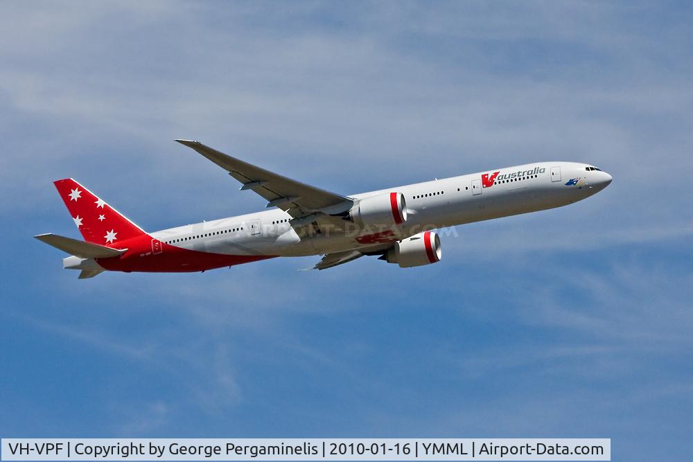 VH-VPF, 2009 Boeing 777-3ZG/ER C/N 37940, Climbing from runway 34.