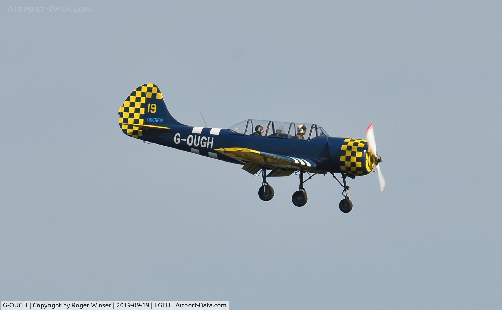 G-OUGH, 1987 Bacau Yak-52 C/N 877404, Resident Yak-52 finals to land Runway 22.