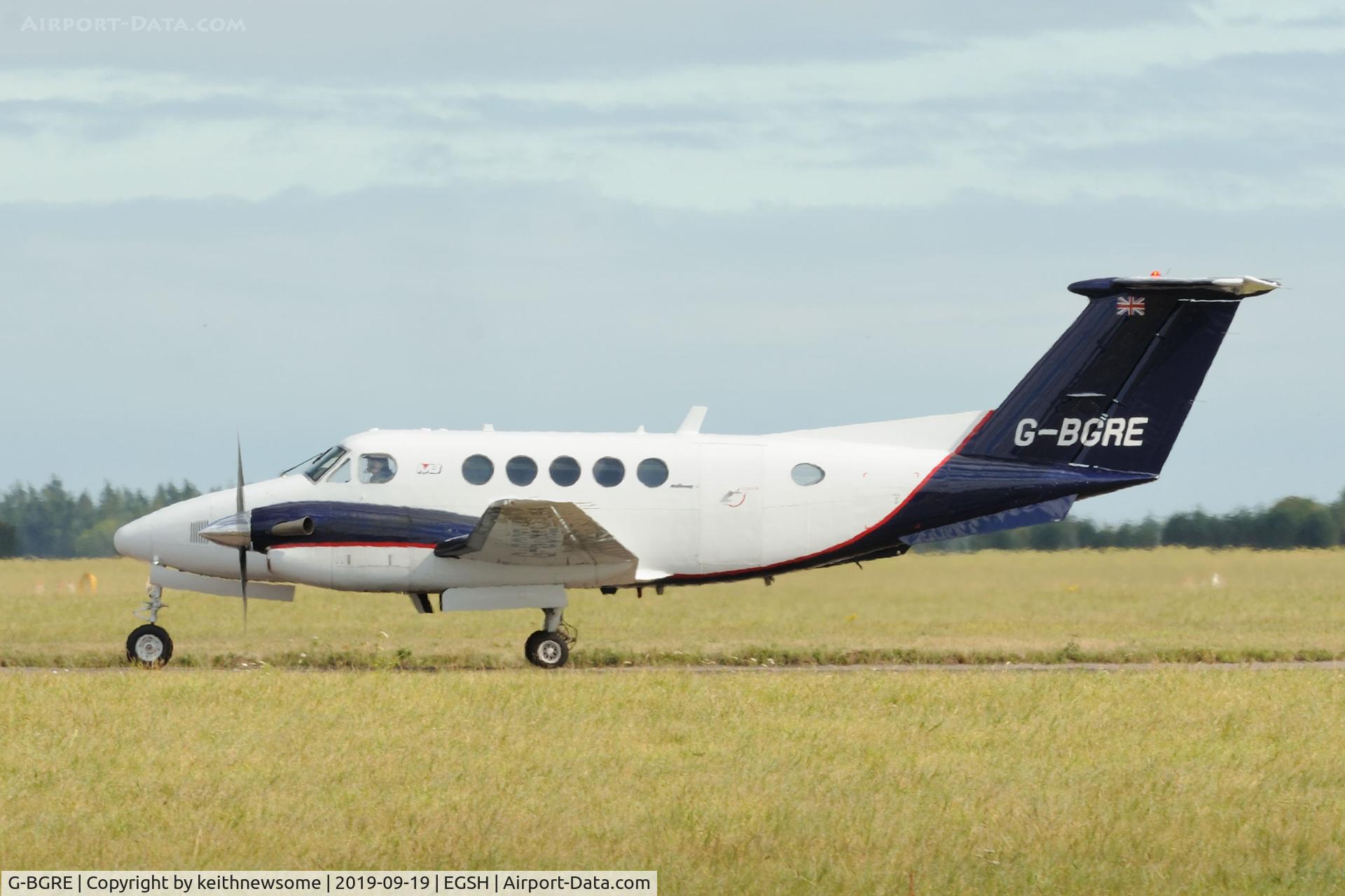 G-BGRE, 1979 Beech 200 Super King Air C/N BB-568, Leaving Norwich.