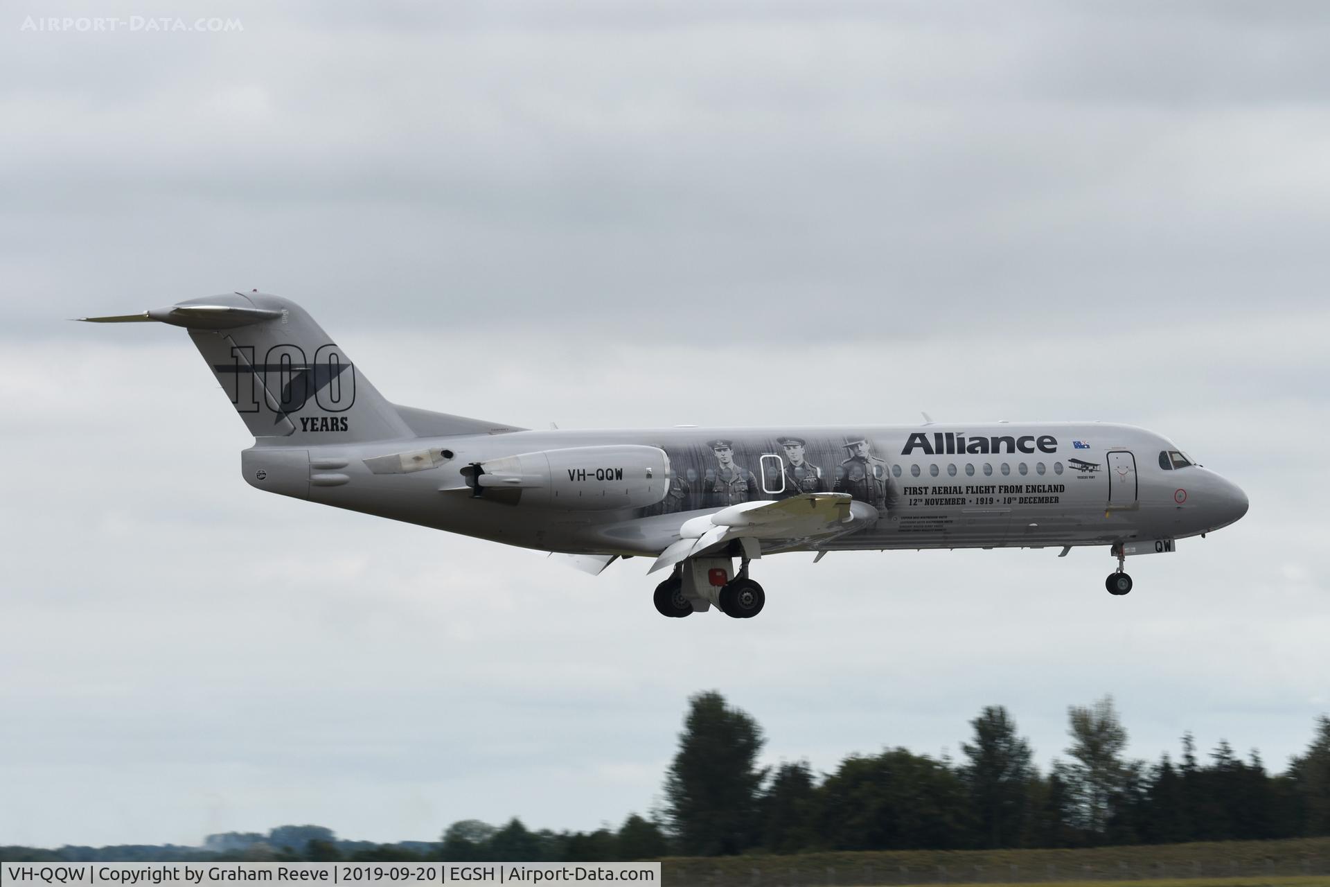 VH-QQW, 1996 Fokker 70 (F-28-0070) C/N 11569, Landing at Norwich.
