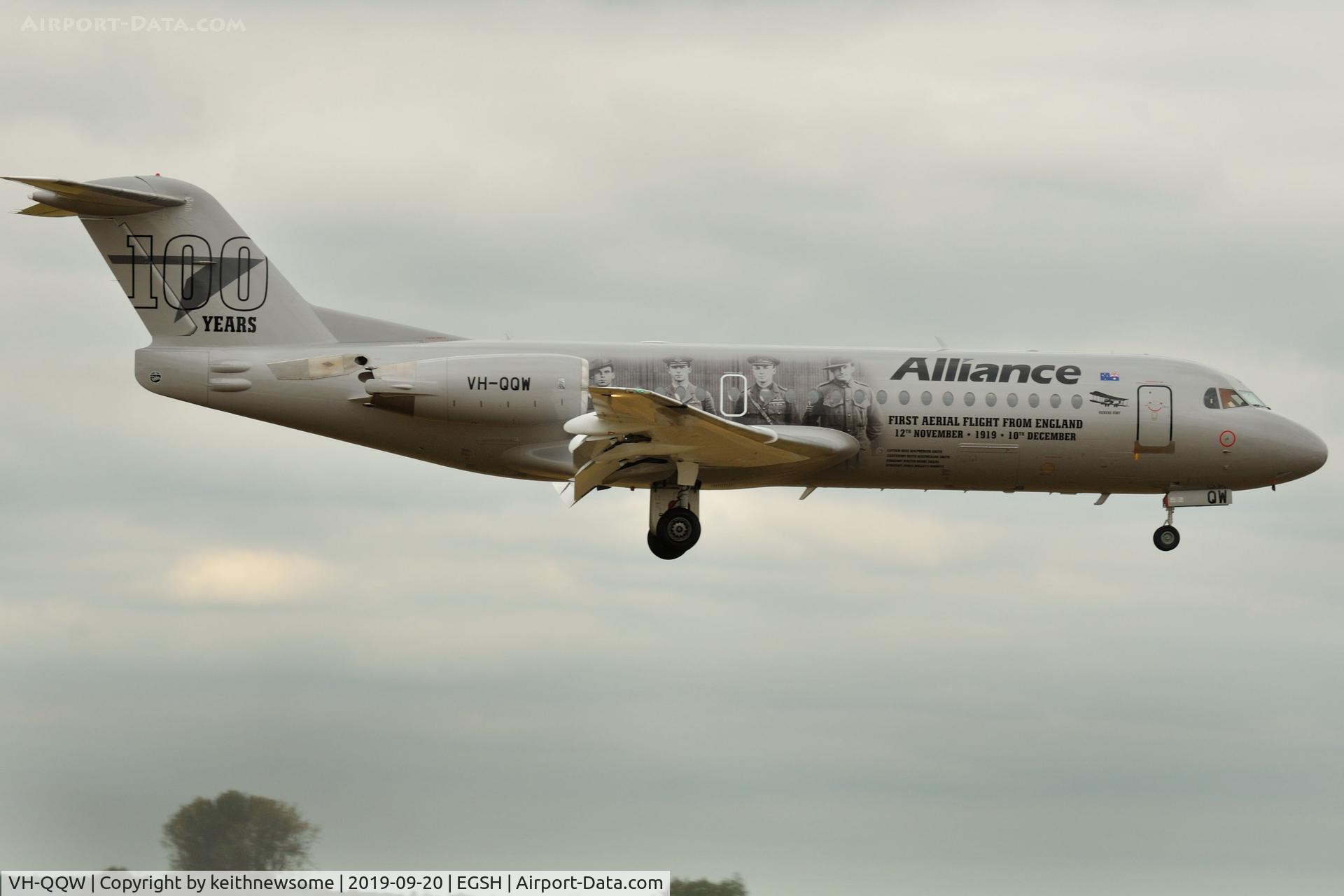 VH-QQW, 1996 Fokker 70 (F-28-0070) C/N 11569, Arriving from air test.