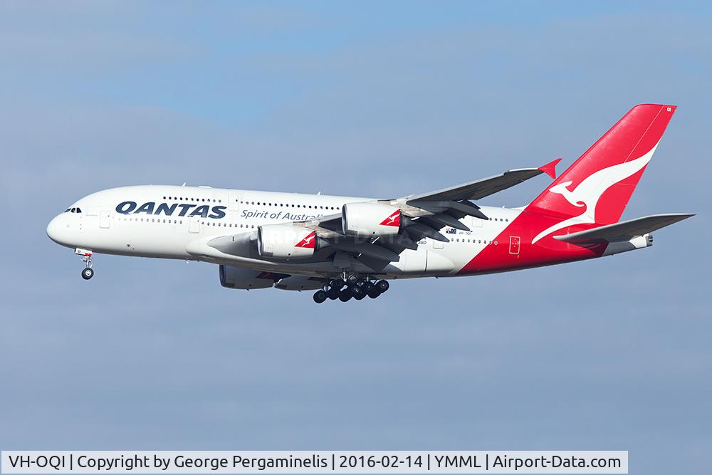 VH-OQI, 2010 Airbus A380-842 C/N 055, On final for runway 16.