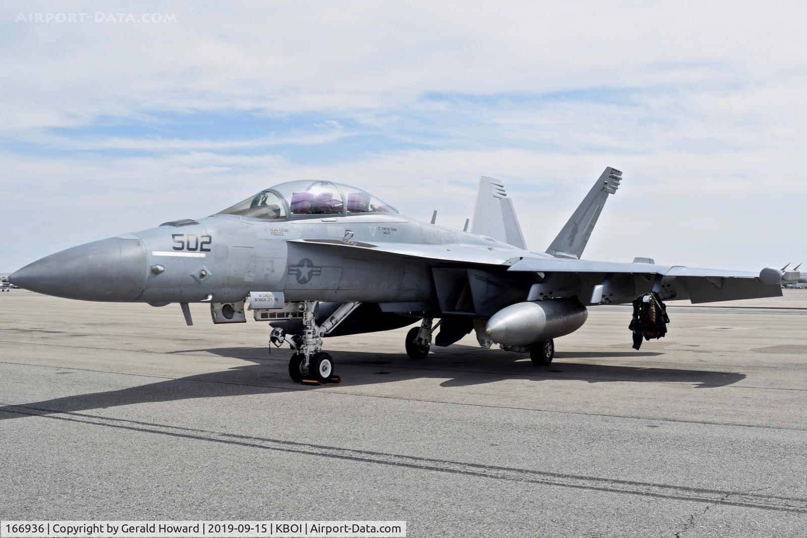 166936, Boeing EA-18G Growler C/N G-21, Parked on north GA ramp. NE-502, VAQ-136, CVW2, USS Carl Vinson.