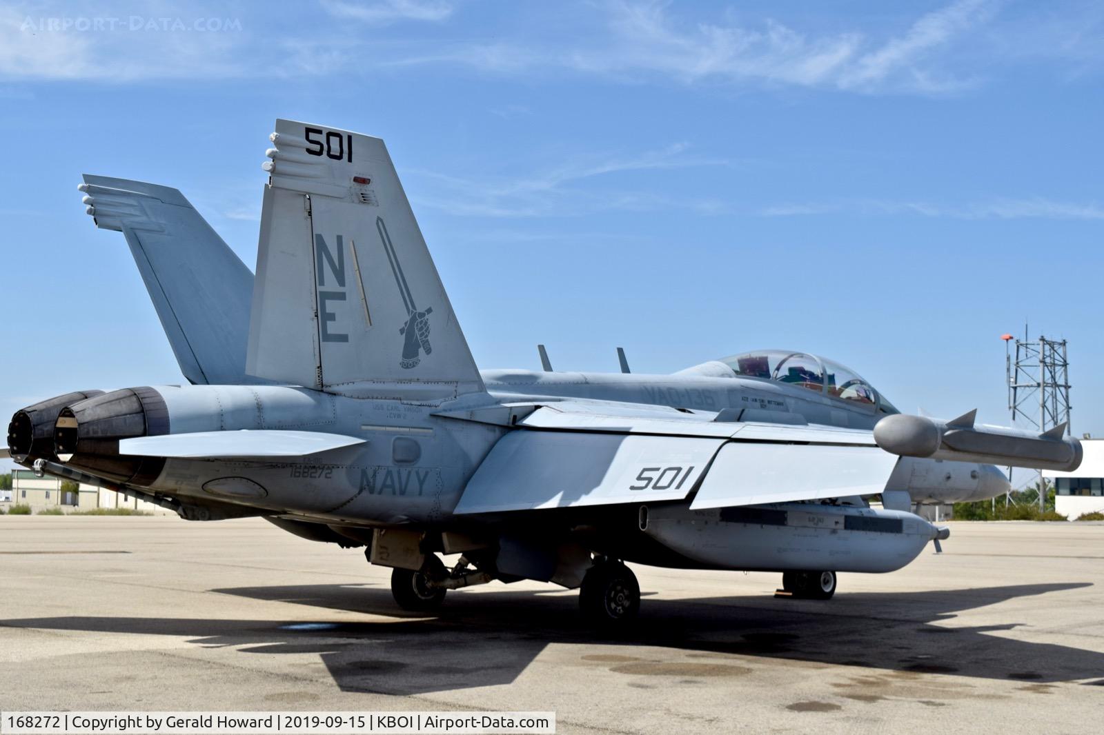 168272, Boeing EA-18G Growler C/N G54, Parked on the north GA ramp. VAQ-136, CVW@, USS Carl Vinson.