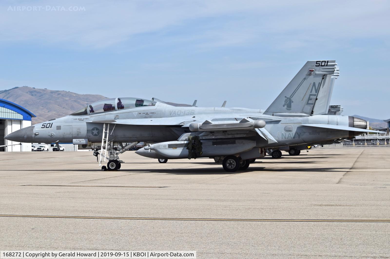 168272, Boeing EA-18G Growler C/N G54, Parked on the north GA ramp. VAQ-136, CVW@, USS Carl Vinson.