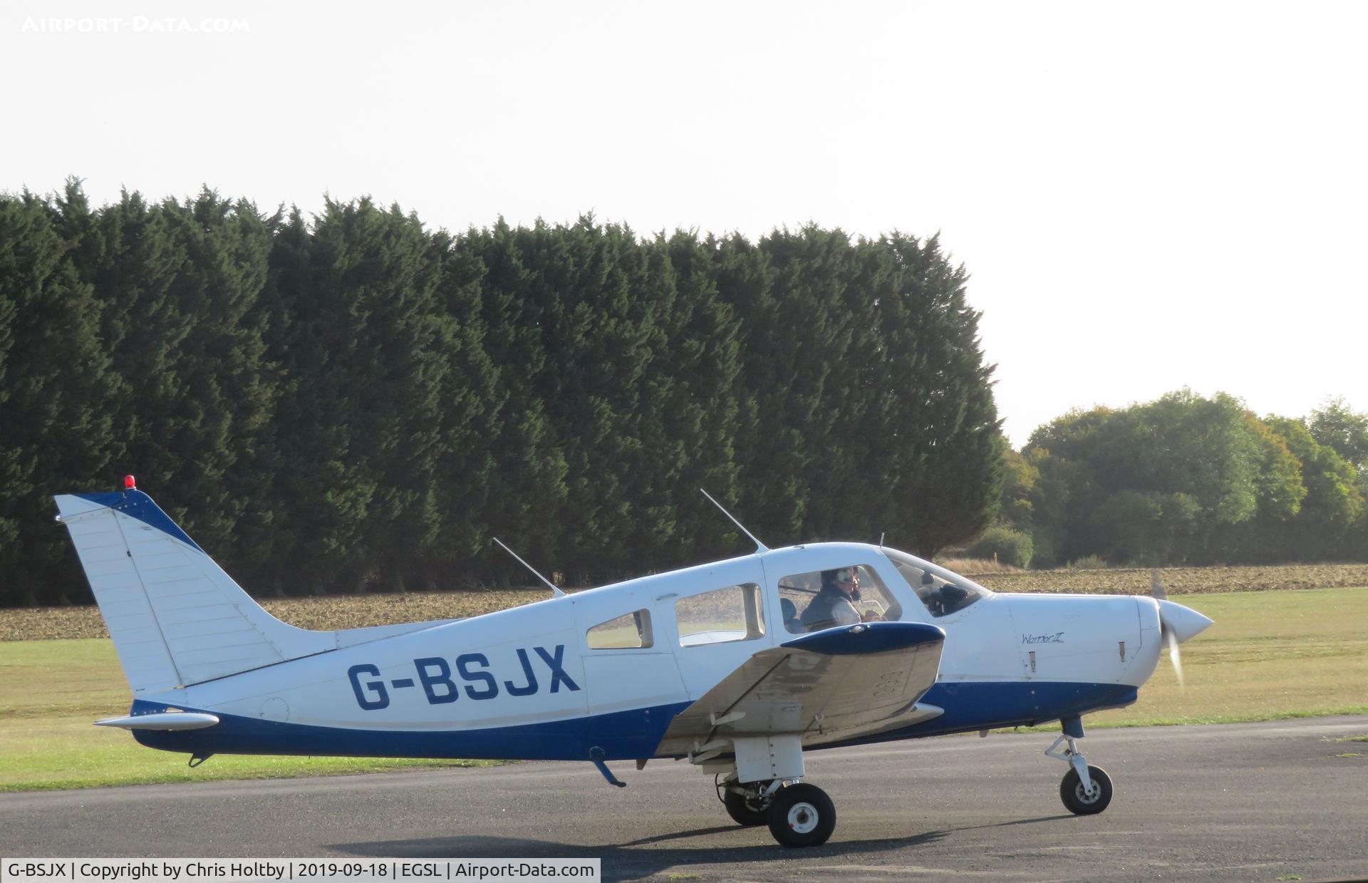 G-BSJX, 1981 Piper PA-28-161 Cherokee Warrior II C/N 28-8216084, Taxiing after landing at her Andrewsfield base
