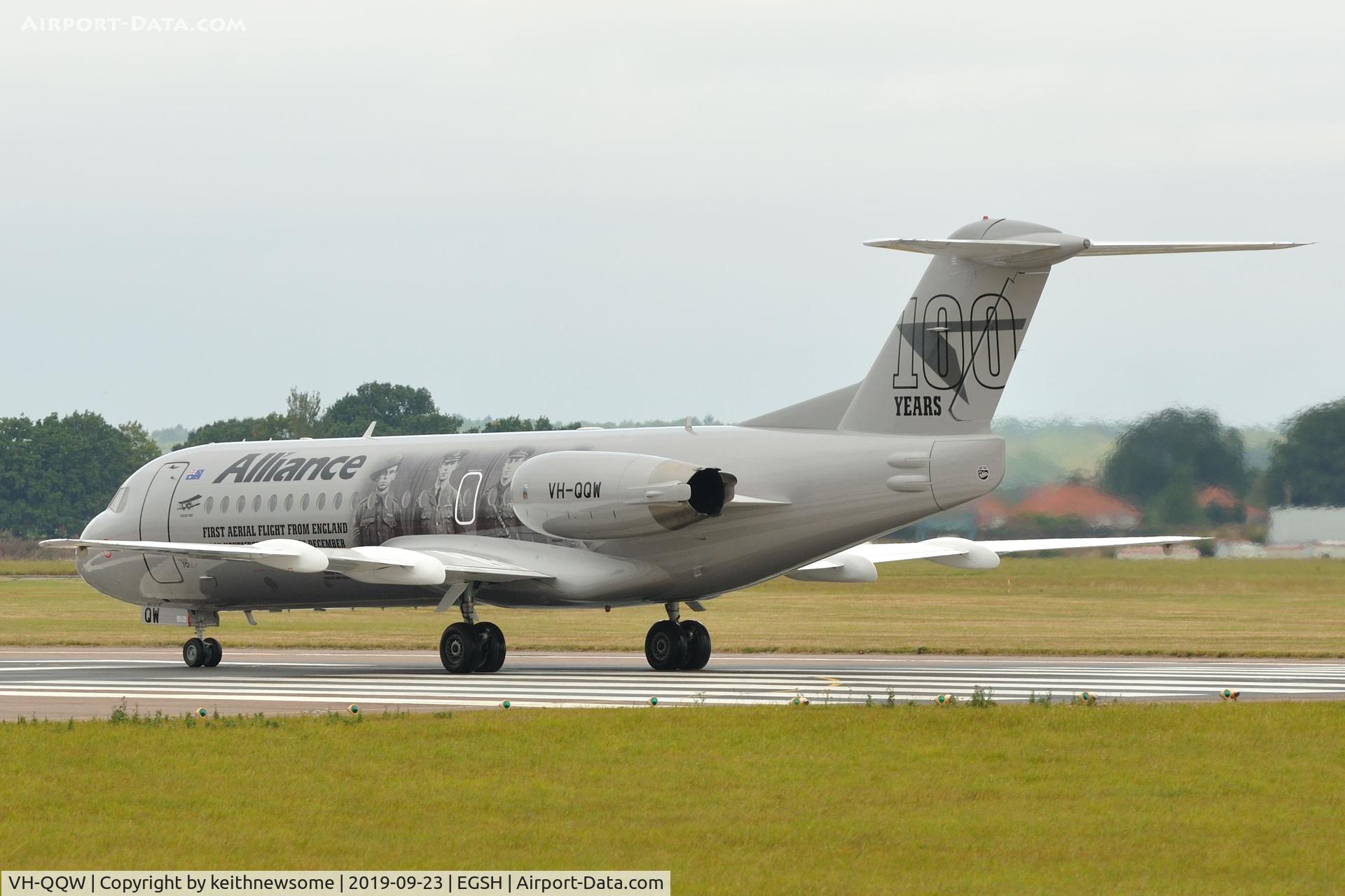 VH-QQW, 1996 Fokker 70 (F-28-0070) C/N 11569, Leaving Norwich for Hurghada, Egypt.
