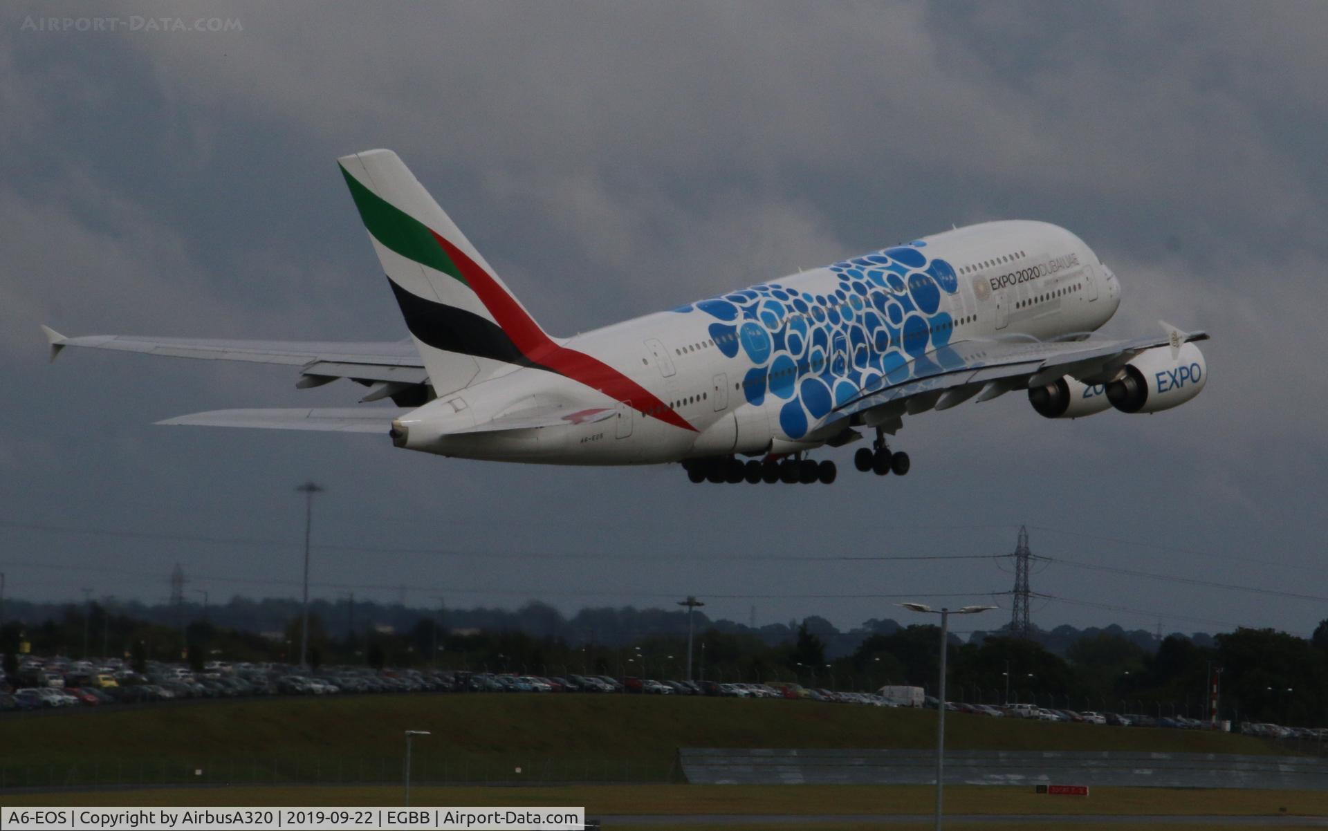 A6-EOS, 2015 Airbus A380-861 C/N 203, departing Birmingham
