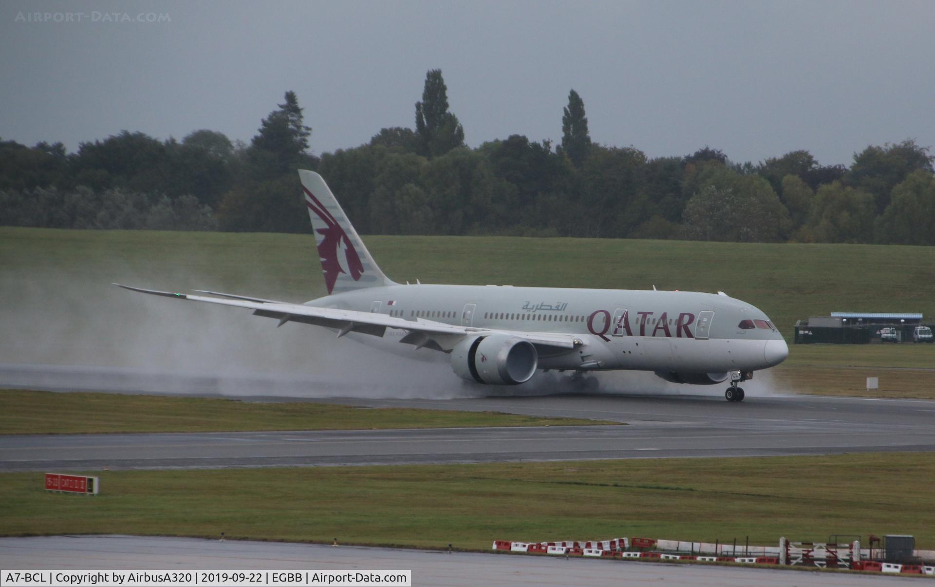 A7-BCL, 2012 Boeing 787-8 Dreamliner C/N 38330, Wet landing at Birmingham