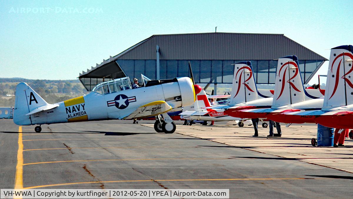 VH-WWA, 1942 North American AT-6D C/N 78-7094, NAA Texan tail code A, Navy Alameda. Civil register VH-WWA. RAAF Base Pearce (YPEA). 20/05/2012.
