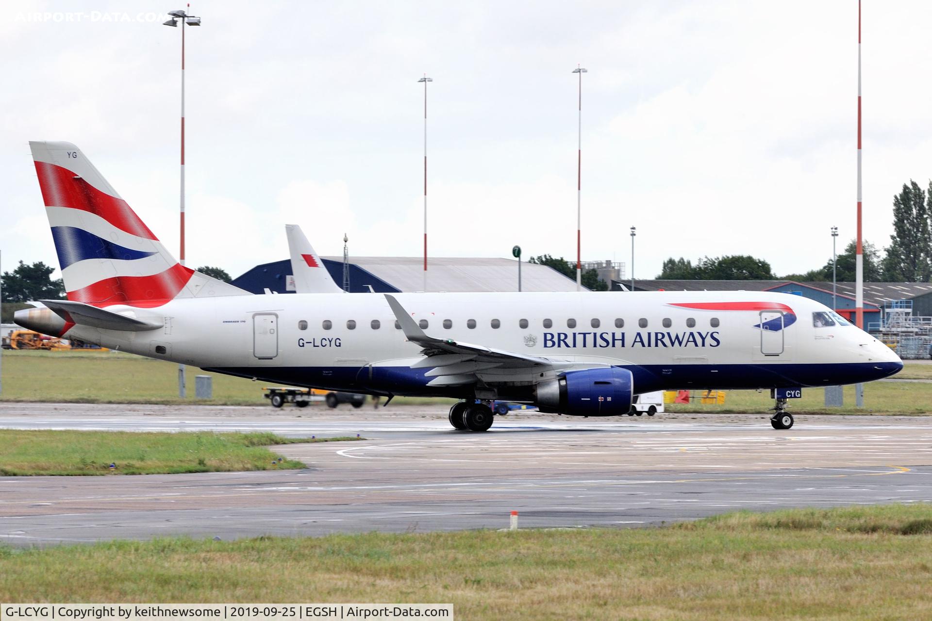 G-LCYG, 2009 Embraer 170STD (ERJ-170-100STD) C/N 17000300, Leaving Norwich for Edinburgh.