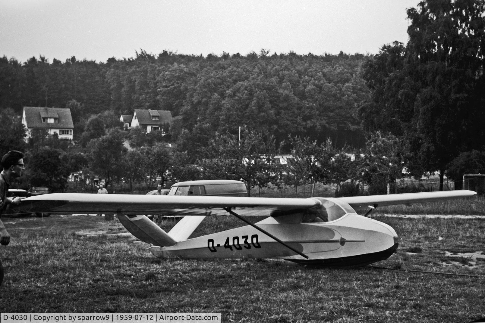 D-4030, Kaiser Ka-3 C/N unknown, At an unknown airfield in the Taunus mountain range NW of Francfort/Main. Winch-launch. Scanned from 6x9 b+w negative.