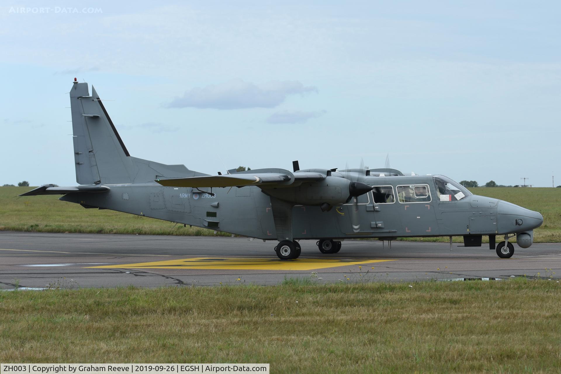 ZH003, 2009 Britten-Norman BN-2T-4S Defender AL2 C/N 4016, Departing from Norwich.