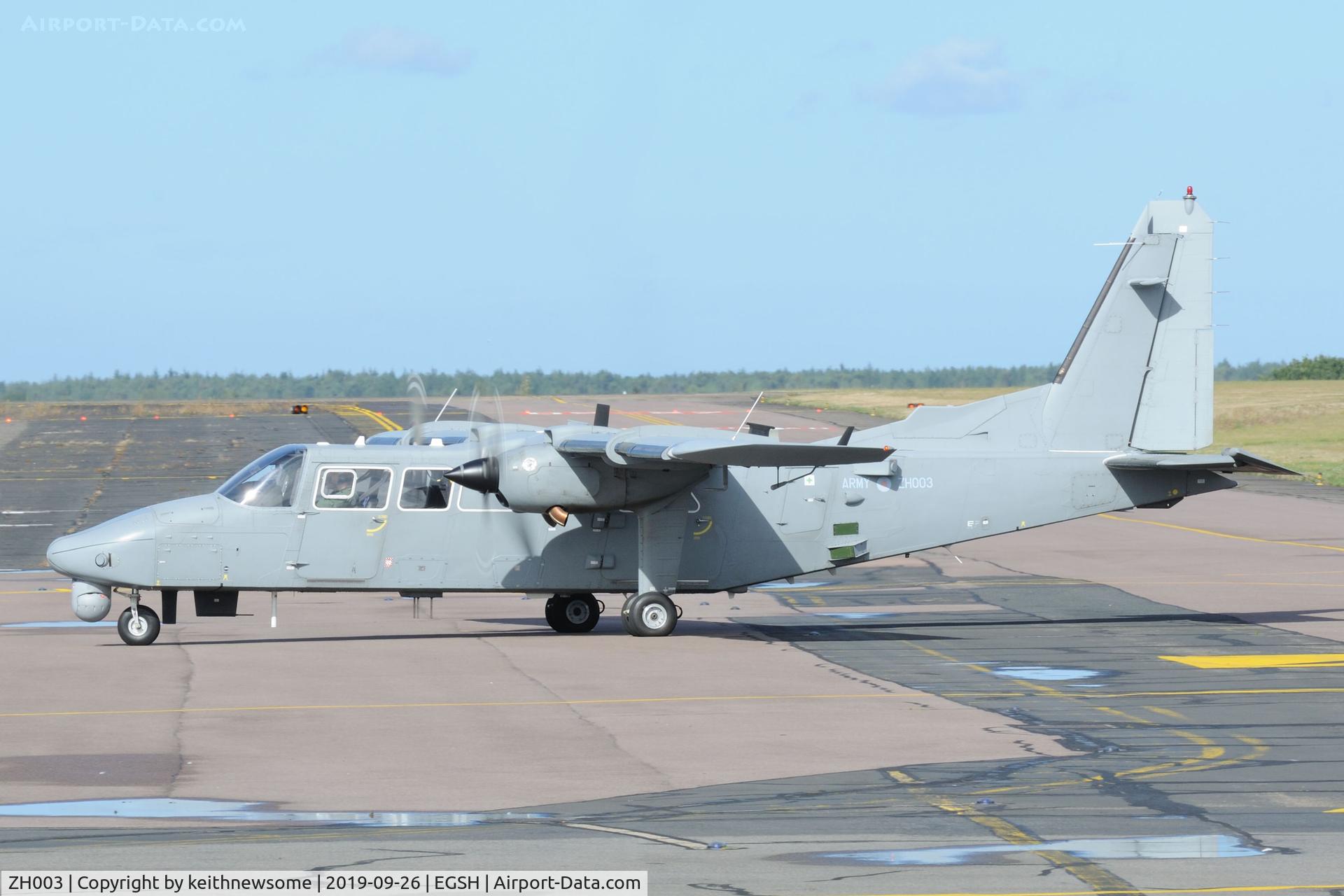 ZH003, 2009 Britten-Norman BN-2T-4S Defender AL2 C/N 4016, Arriving at Norwich for fuel stop.