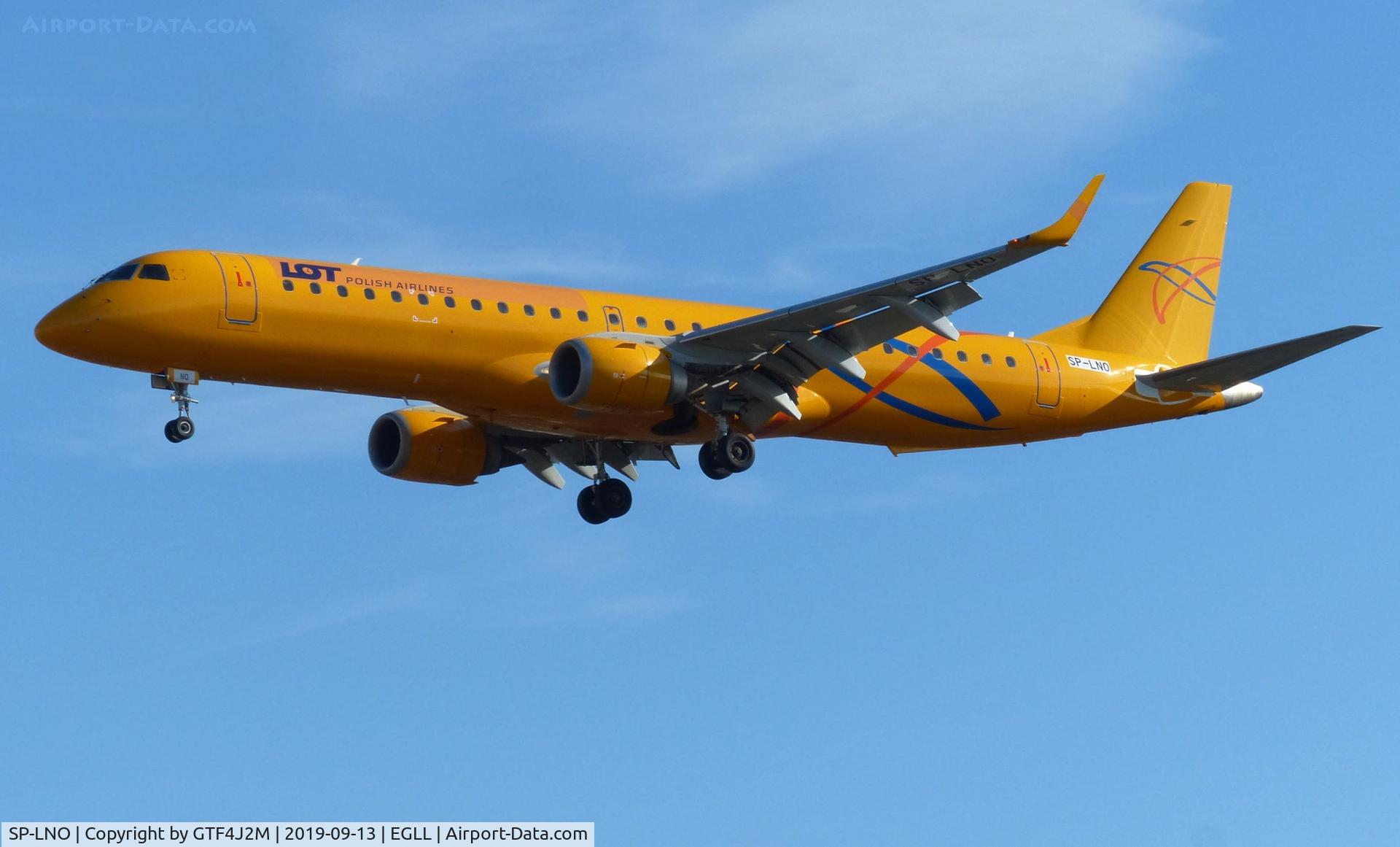 SP-LNO, 2007 Embraer 195LR (ERJ-190-200LR) C/N 19000084, SP-LNO  at Heathrow 13Sep19  in Saratov AL scheme & LOT titles
