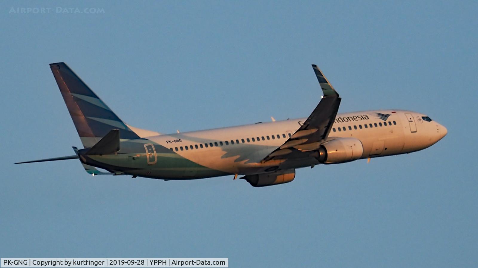 PK-GNG, 2014 Boeing 737-8U3 C/N 39891, Boeing 737-8U3. Garuda Indonesia PK-GNG departed rwy 21 in light of the setting Sun, YPPH 280919.
