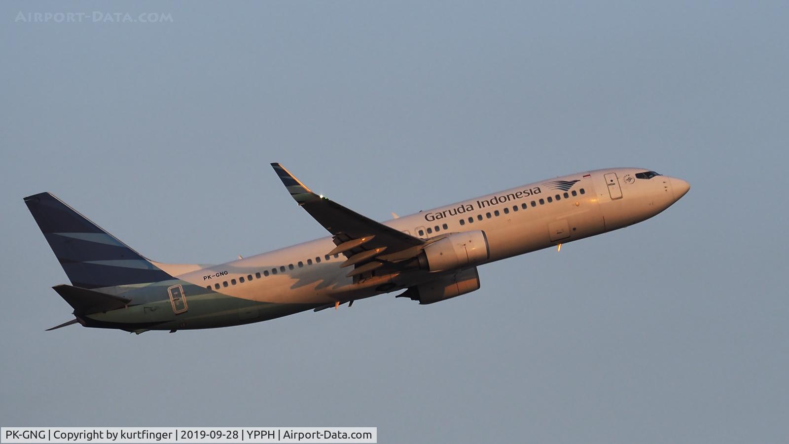 PK-GNG, 2014 Boeing 737-8U3 C/N 39891, Boeing 737-8U3. Garuda Indonesia PK-GNG, departed rwy 21, in the light of the setting Sun, YPPH 280919.