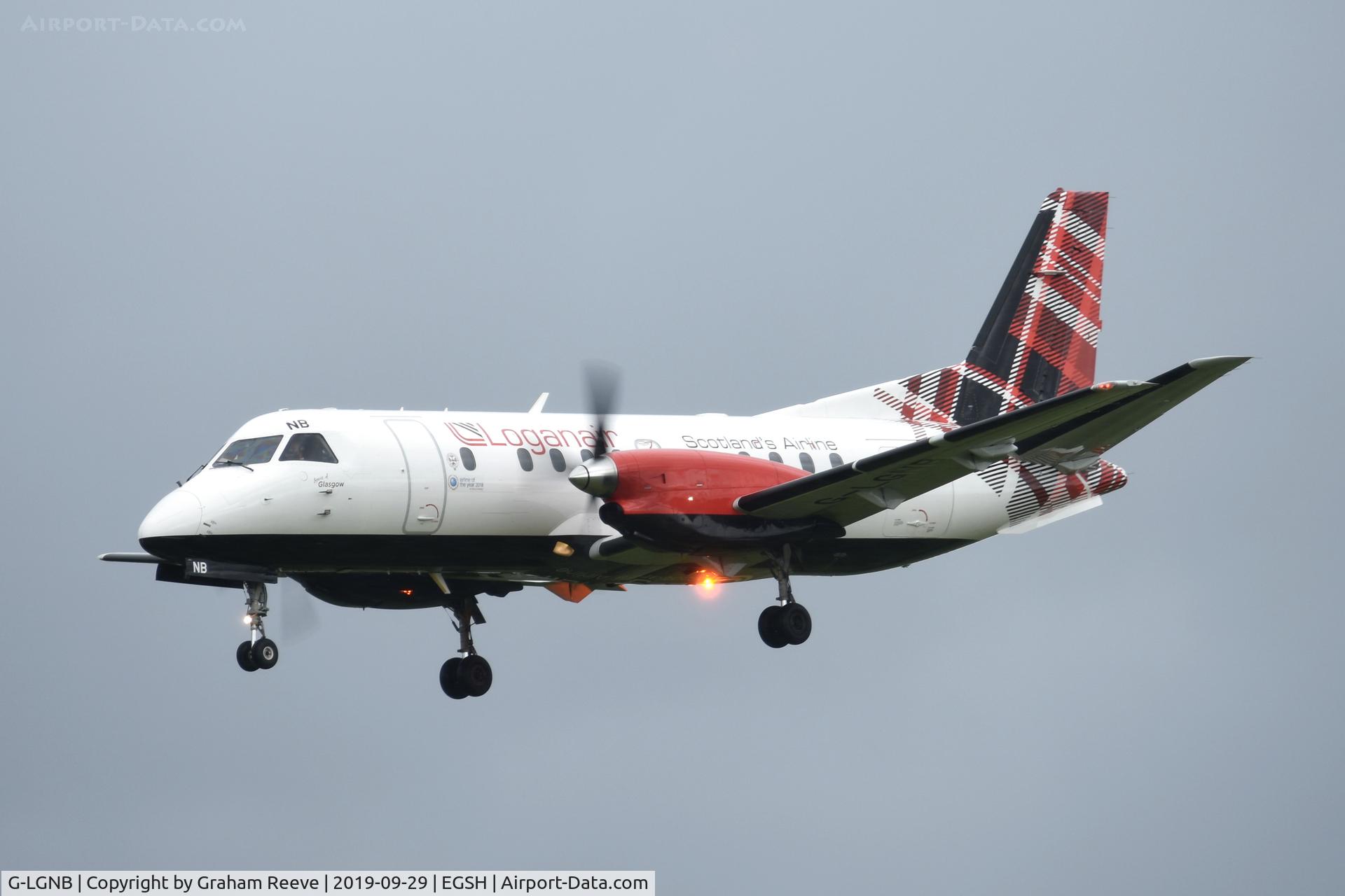 G-LGNB, 1990 Saab SF340B C/N 340B-216, Landing at Norwich.