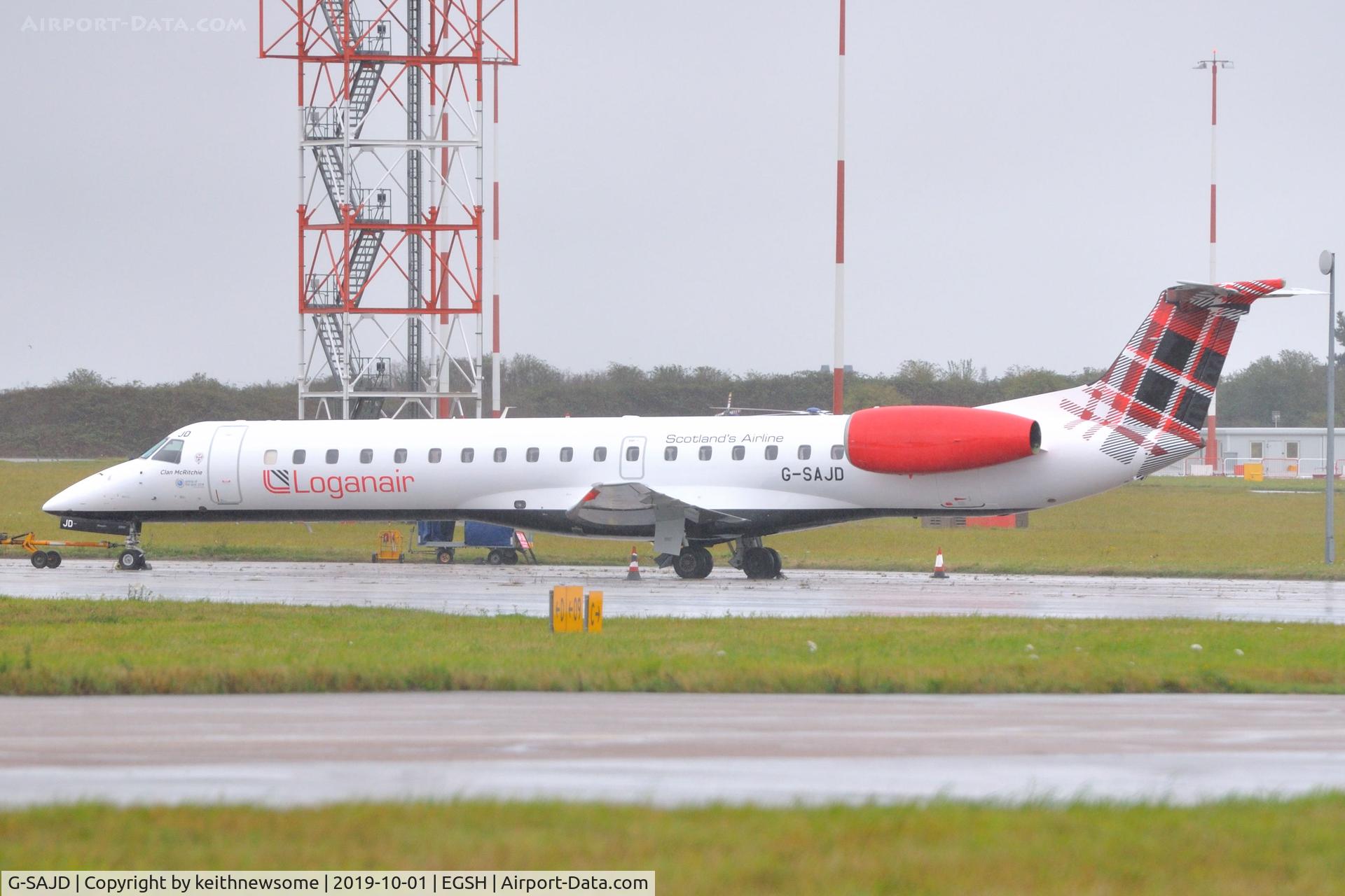 G-SAJD, 2001 Embraer EMB-145EP (ERJ-145EP) C/N 145454, Formerly G-RJXI now with Loganair colour scheme.