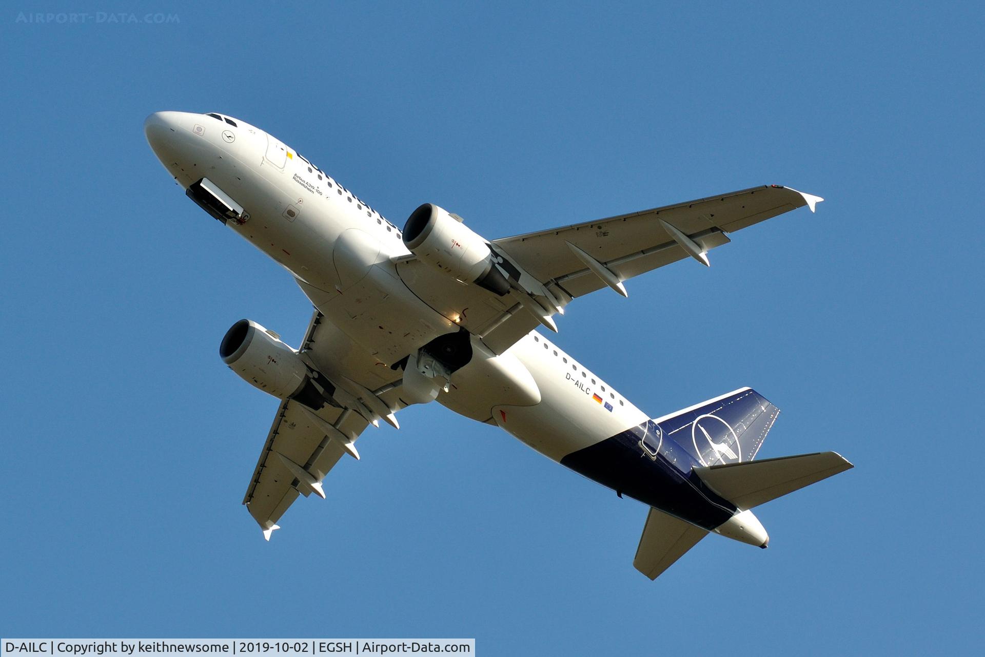 D-AILC, 1996 Airbus A319-114 C/N 616, Leaving Norwich for Frankfurt following re-spray.