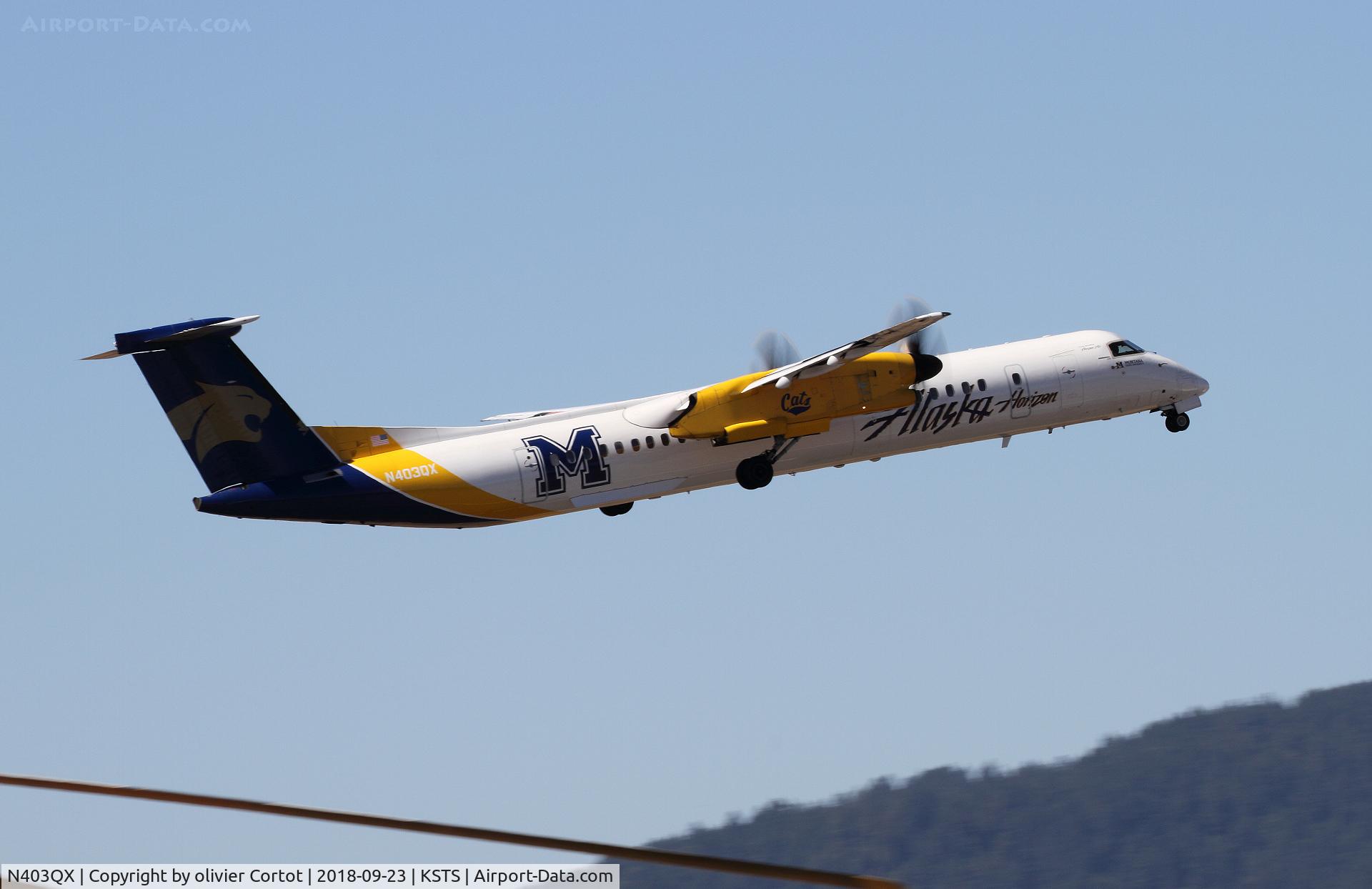 N403QX, 2001 De Havilland Canada DHC-8-402 Dash 8 C/N 4037, taking off during the Santa Rosa airshow of 2018