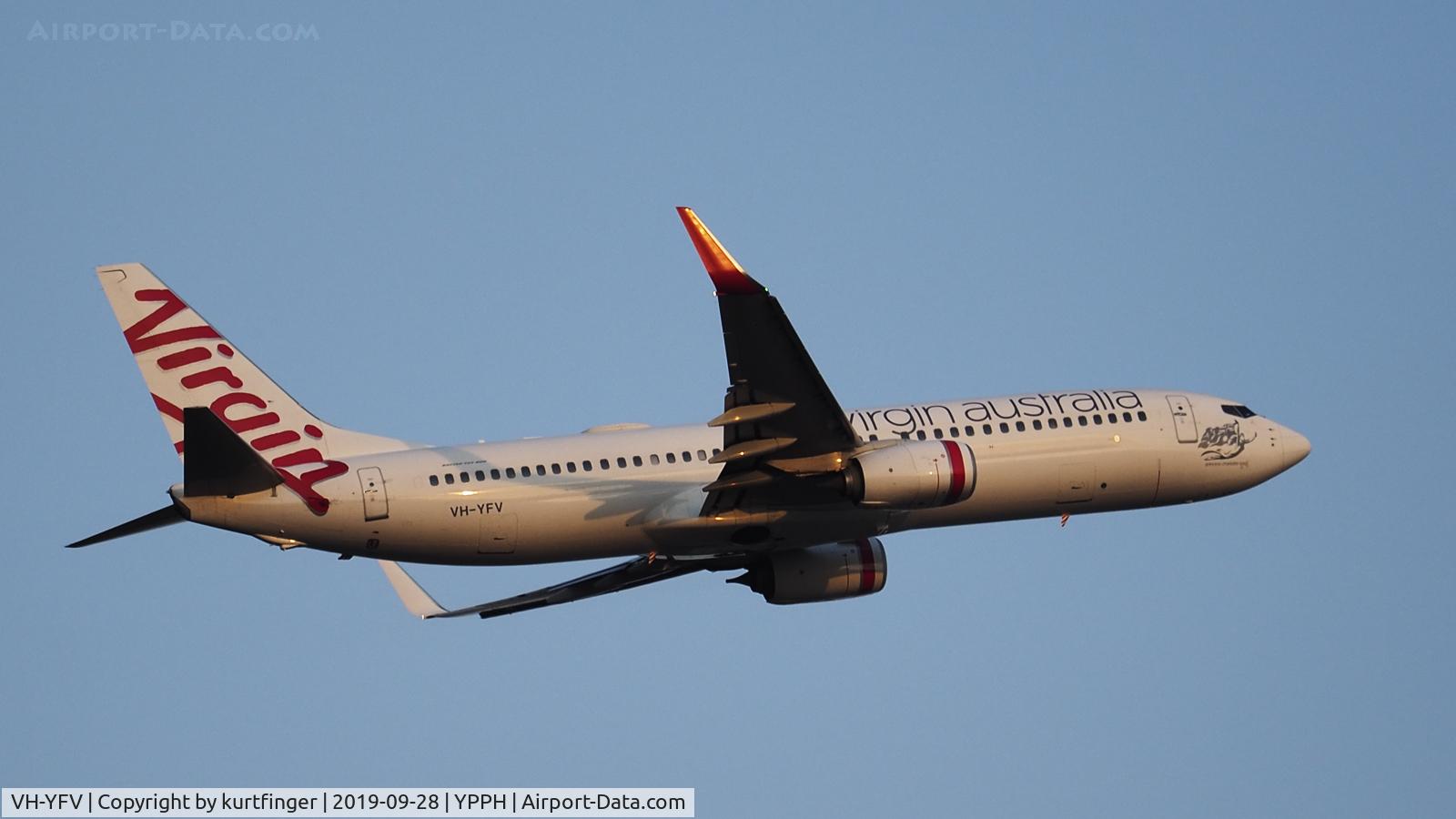 VH-YFV, 2015 Boeing 737-8FE C/N 41030, Boeing B737-8FE. Virgin Australia VH-YFV. Departed rwy 21 YPPH 280919.