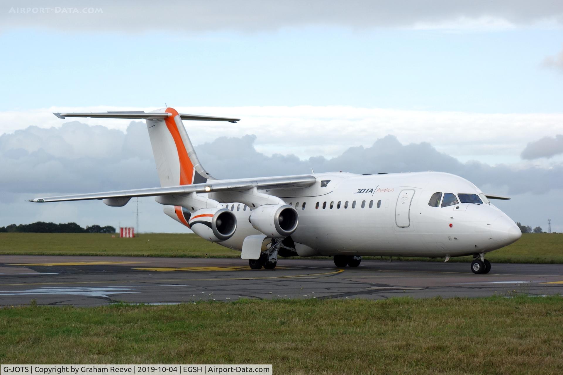 G-JOTS, 1999 British Aerospace Avro 146-RJ100 C/N E3355, Just landed at Norwich.