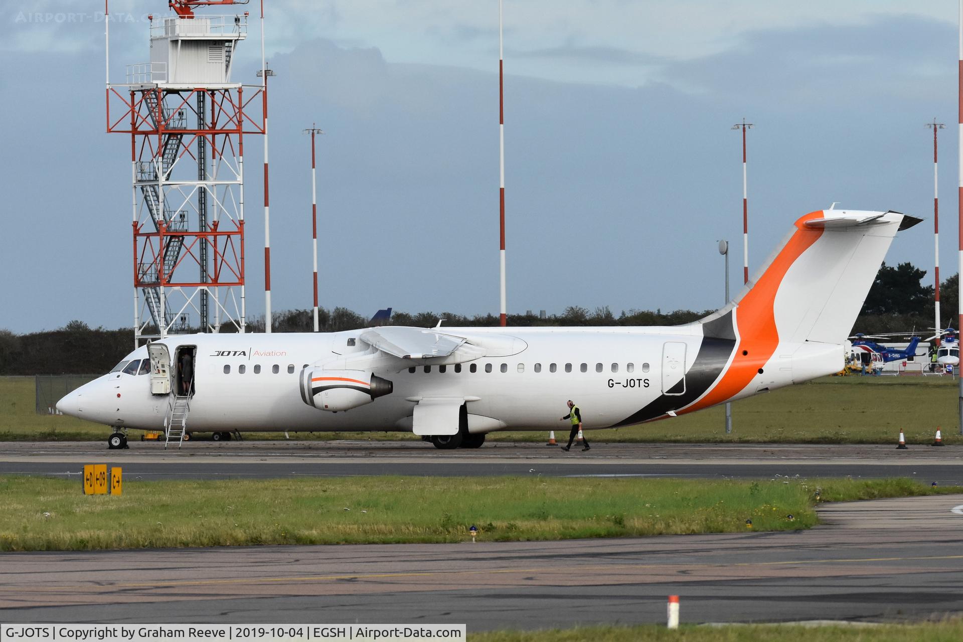 G-JOTS, 1999 British Aerospace Avro 146-RJ100 C/N E3355, Parked at Norwich.