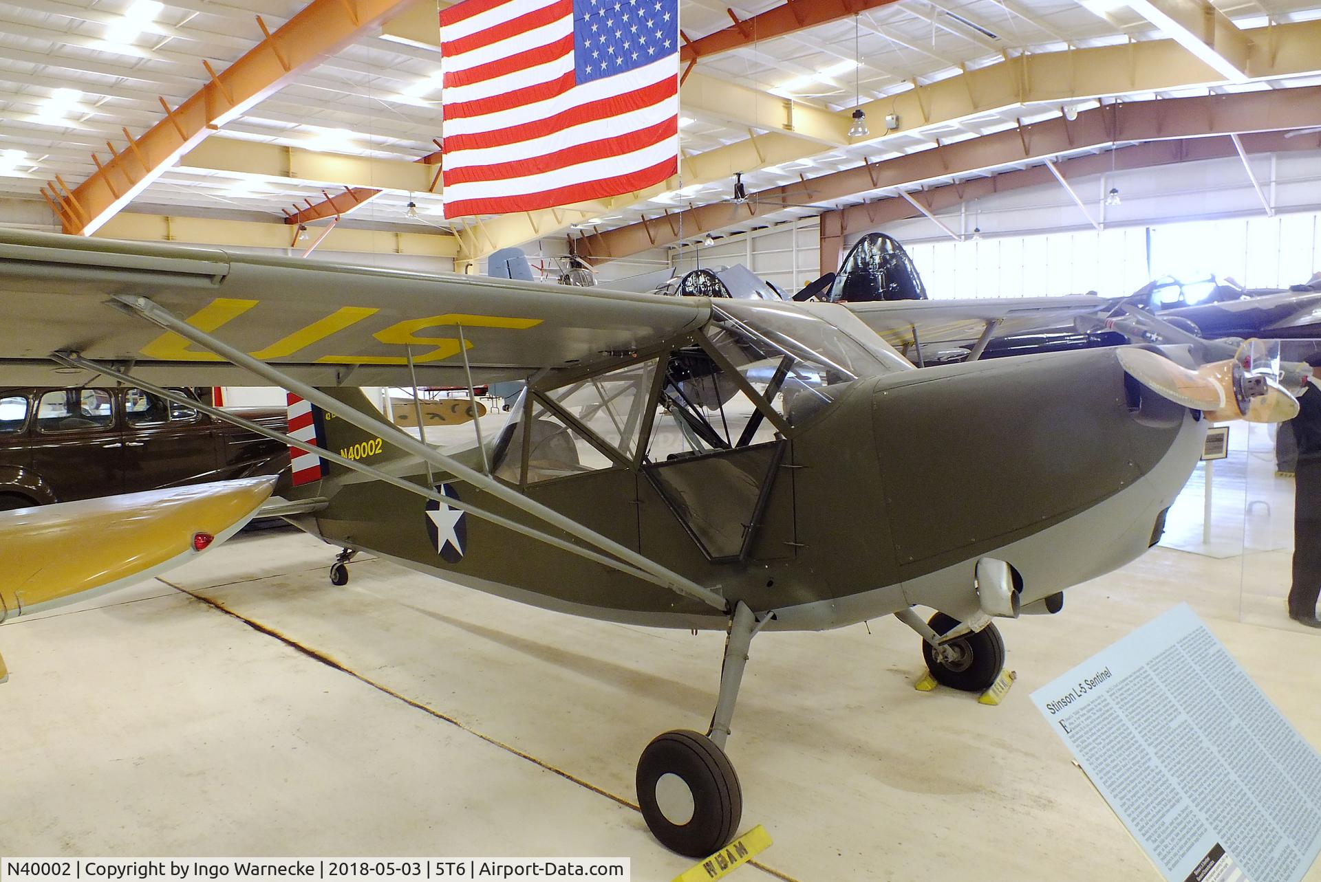 N40002, 1943 Stinson L-5 Sentinel C/N 76-220, Stinson L-5 Sentinel at the War Eagles Air Museum, Santa Teresa NM