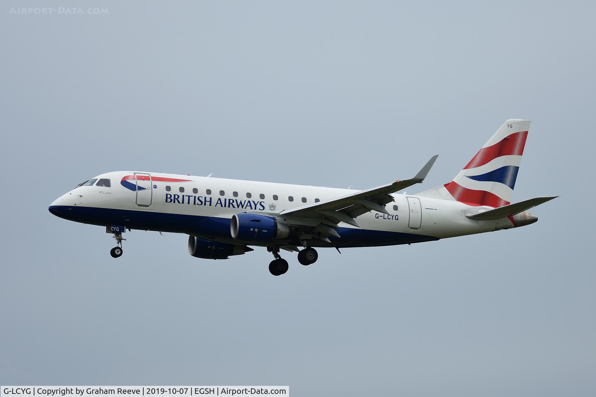 G-LCYG, 2009 Embraer 170STD (ERJ-170-100STD) C/N 17000300, Landing at Norwich.