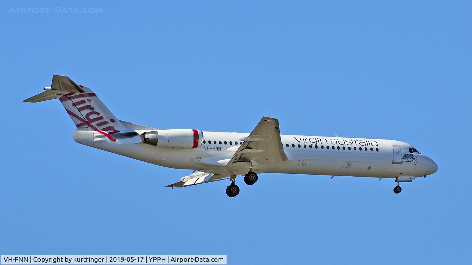 VH-FNN, 1990 Fokker 100 (F-28-0100) C/N 11326, Fokker 100. Virgin Australia VH-FNN final runway 21 YPPH 170519.
