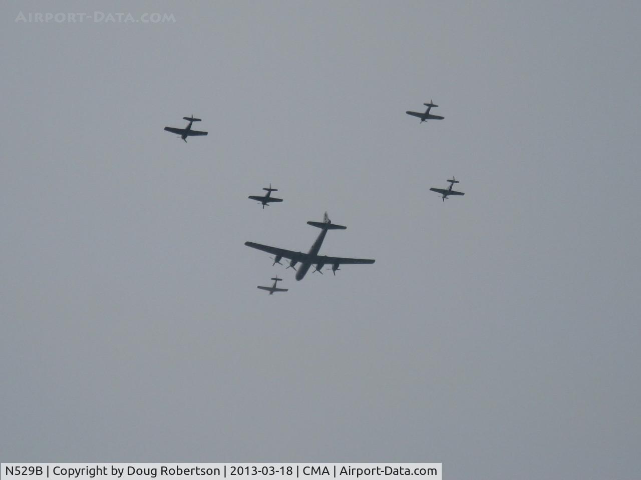 N529B, 1944 Boeing B-29A-60-BN Superfortress C/N 11547, Arrival overflight of N529B Boeing B-29 SUPERFORTRESS 'FIFI' with local CAF WWII Fighter escorts. 'FIFI' is the ONLY B-29 in airworthy flight condition of the remaining 25 or so B-29s.