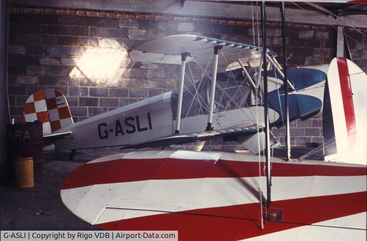 G-ASLI, 1935 Bucker Bu-131A Jungmann C/N 20, G-ASLI  in early 1970's.  Place & date unknown.