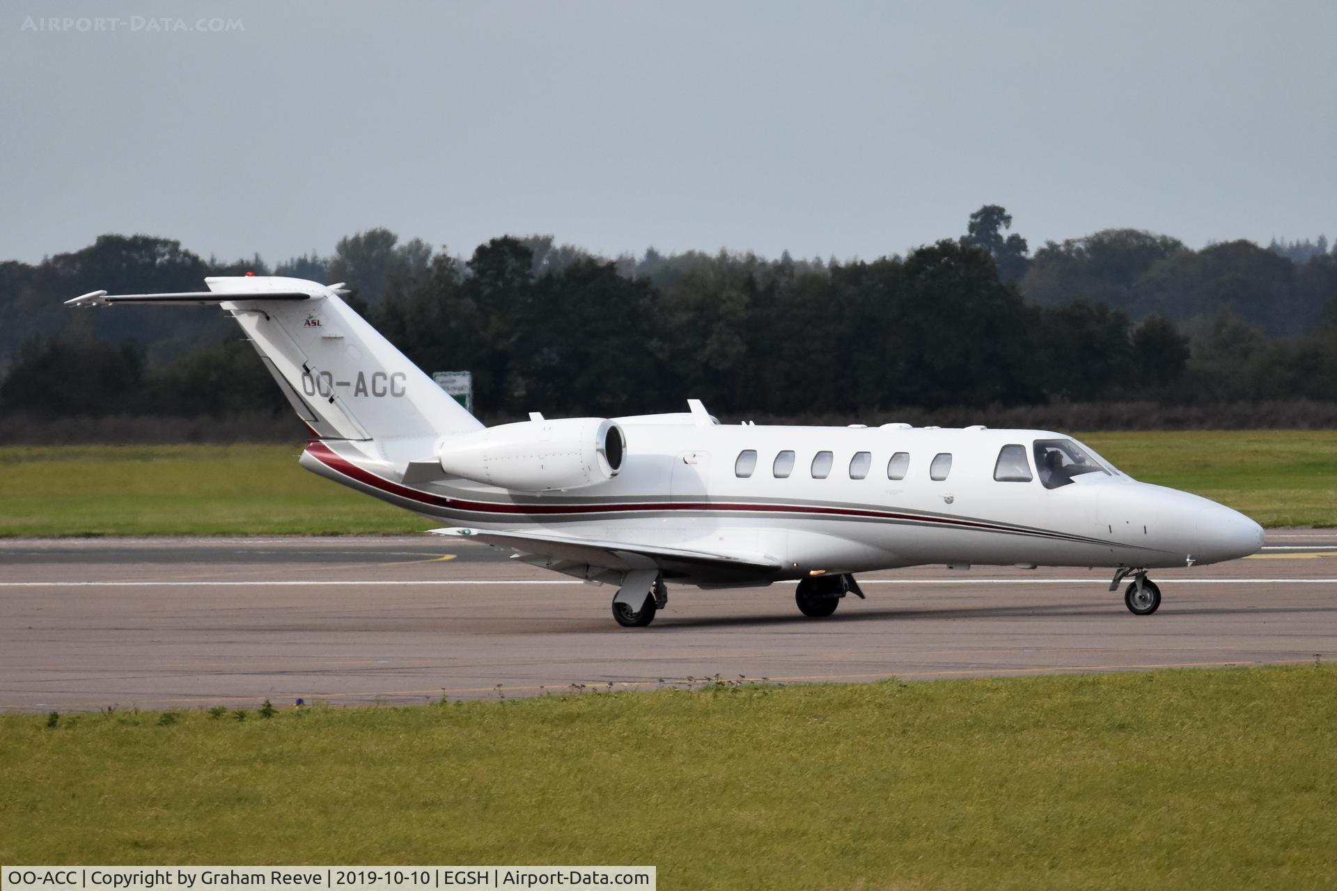 OO-ACC, 2008 Cessna 525A CitationJet CJ2+ C/N 525A-0431, Departing from Norwich.