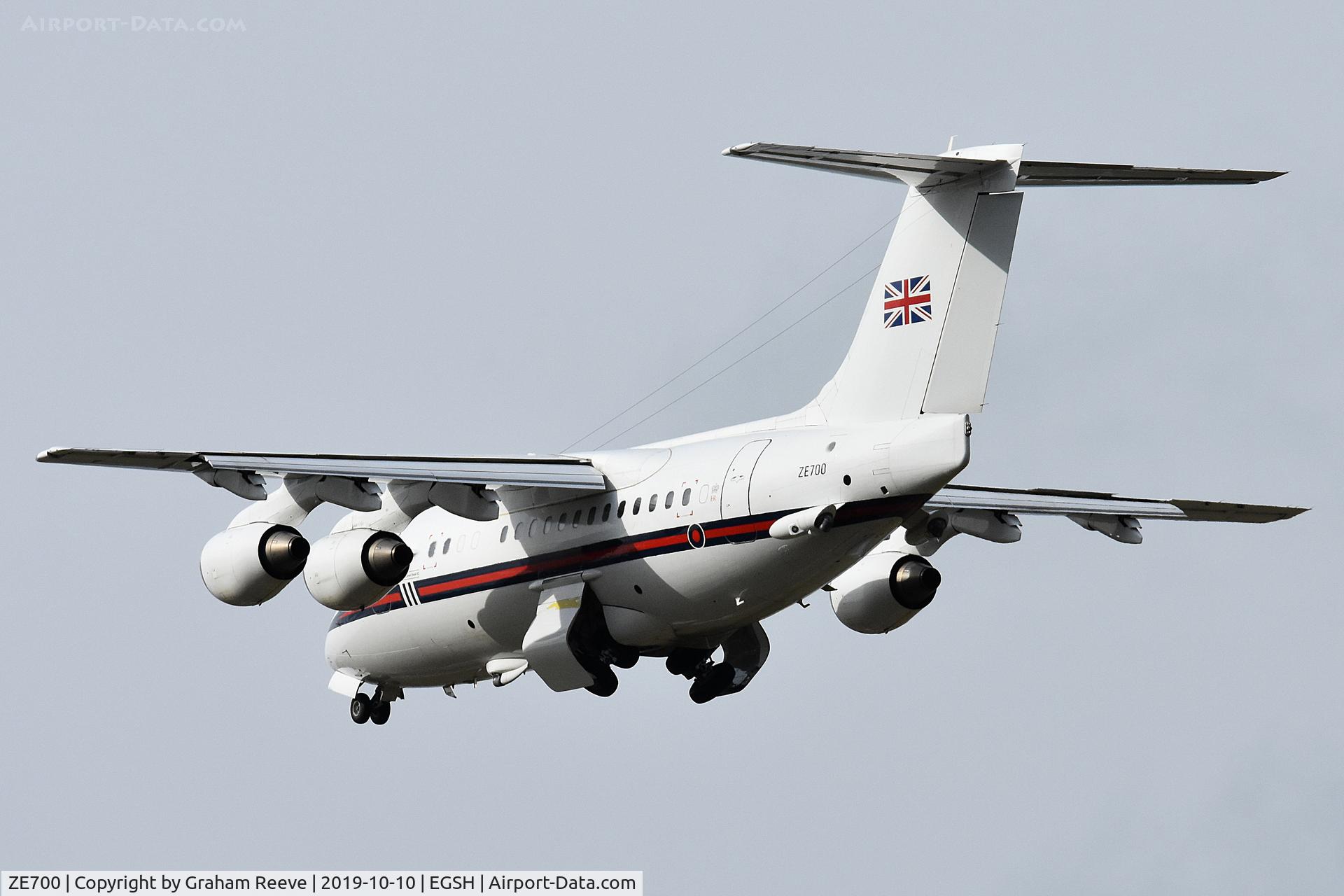 ZE700, 1984 British Aerospace BAe.146-100 CC.2 C/N E1021, Departing from Norwich.