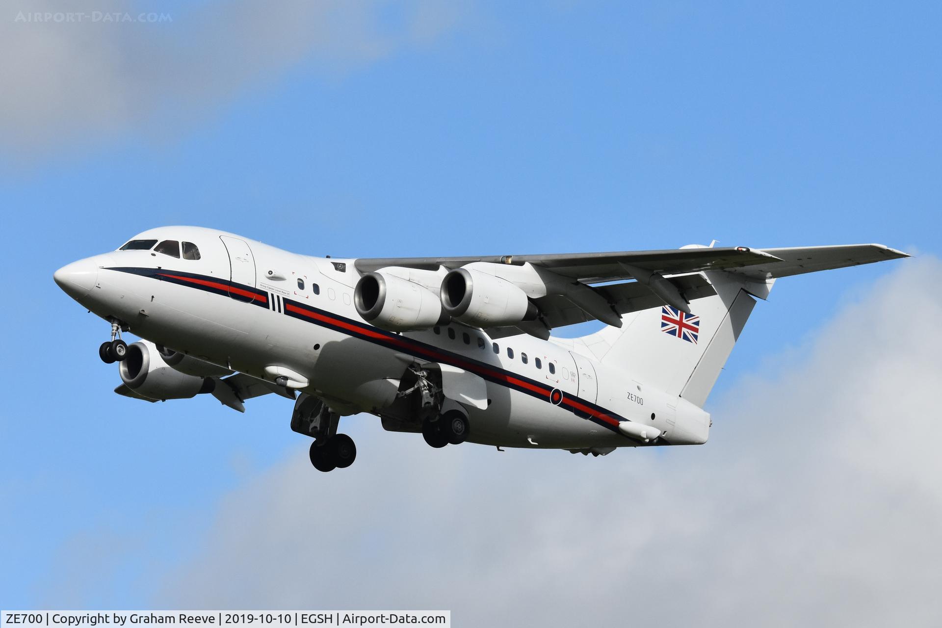 ZE700, 1984 British Aerospace BAe.146-100 CC.2 C/N E1021, Departing from Norwich.