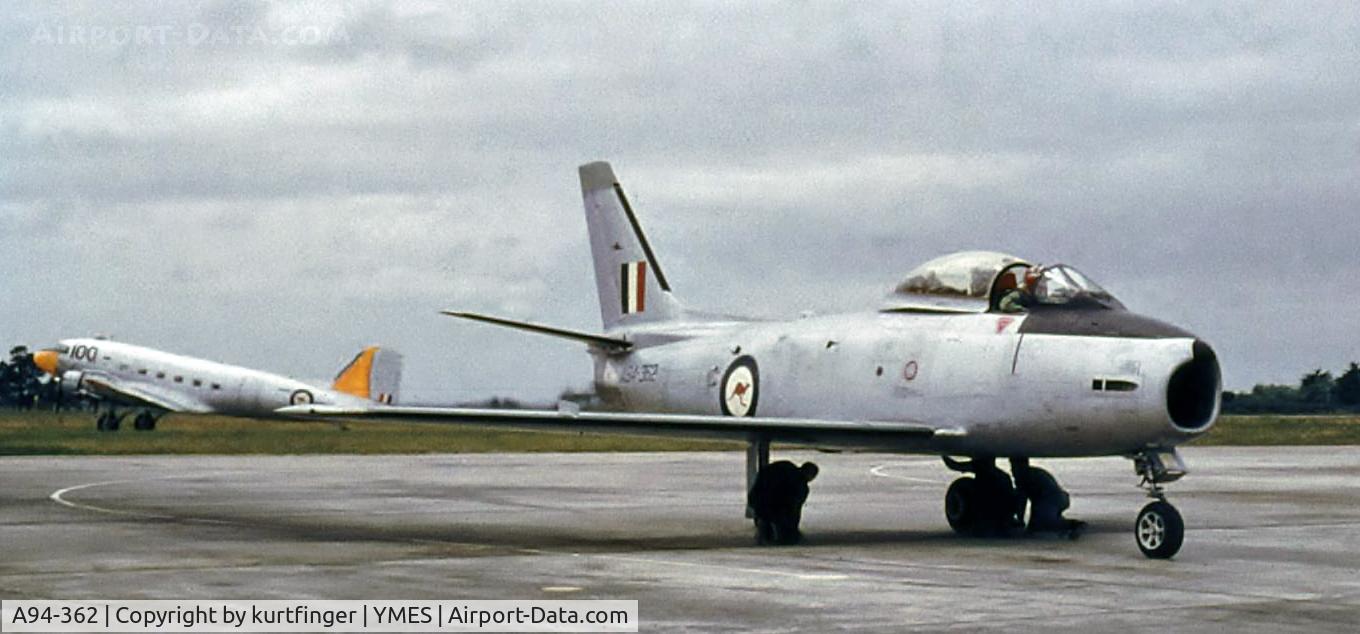 A94-362, 1960 Commonwealth CA-27 Sabre Mk.32 C/N CA27-102, Gifted to the Royal Malaysian Airforce, 19/03/1969 as FM-1362 later FM-1902. The photo was taken at RAAF Base East Sale, Victoria 1962, at that time it was on strength of the Aircraft Research and Development Unit (ARDU).