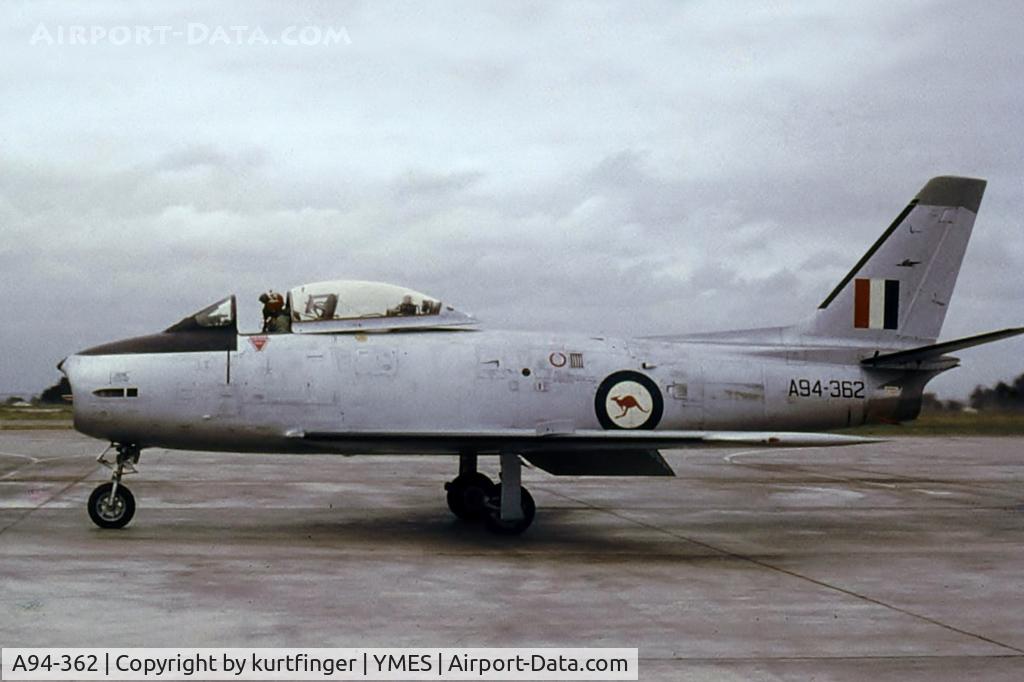 A94-362, 1960 Commonwealth CA-27 Sabre Mk.32 C/N CA27-102, Gifted to the Royal Malaysian Airforce, 19/03/1969 as FM-1362 later FM-1902. The photo was taken at RAAF Base East Sale, Victoria 1962, at that time it was on strength of the Aircraft Research and Development Unit (ARDU).