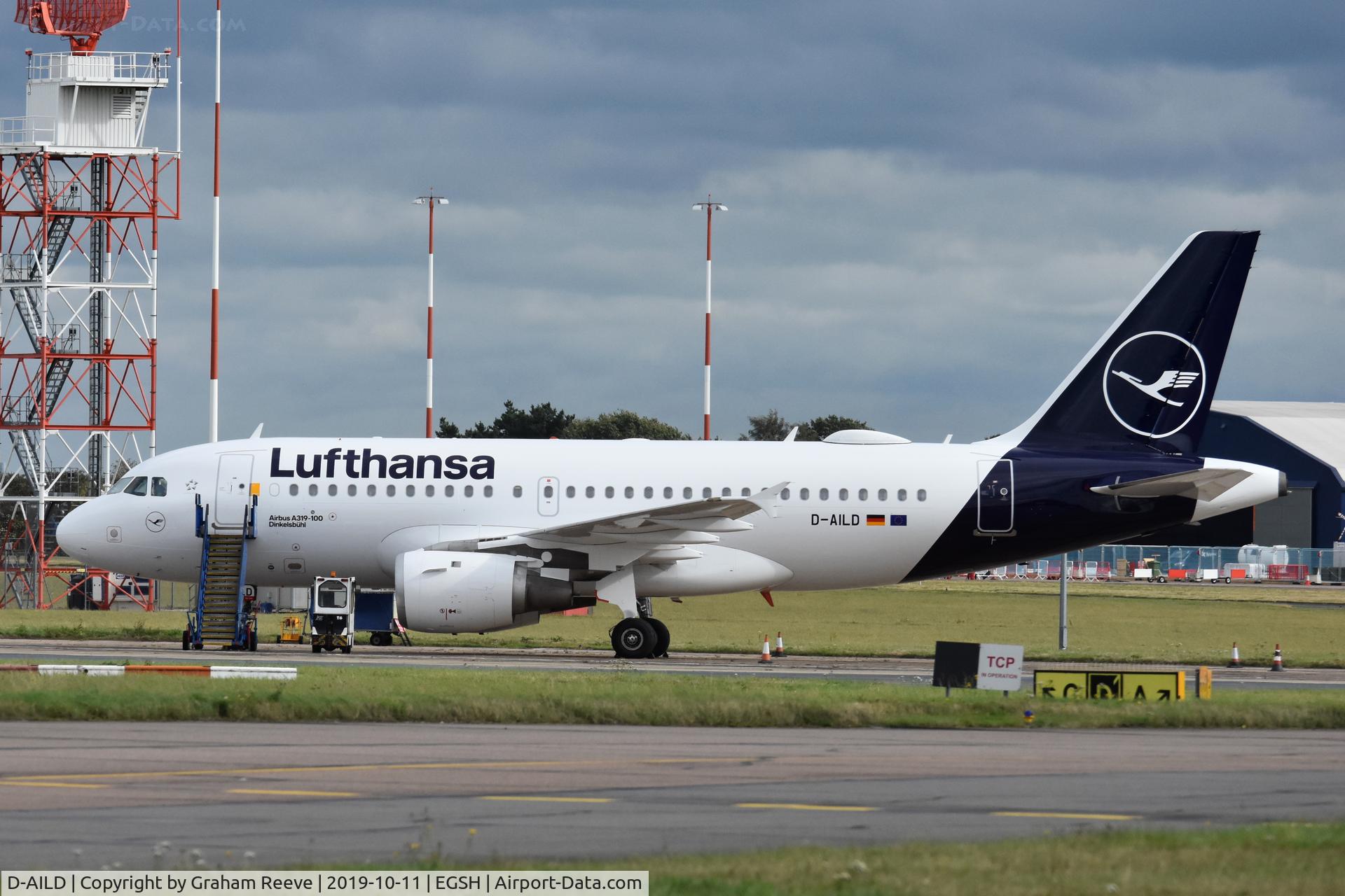 D-AILD, 1996 Airbus A319-114 C/N 623, Parked at Norwich.