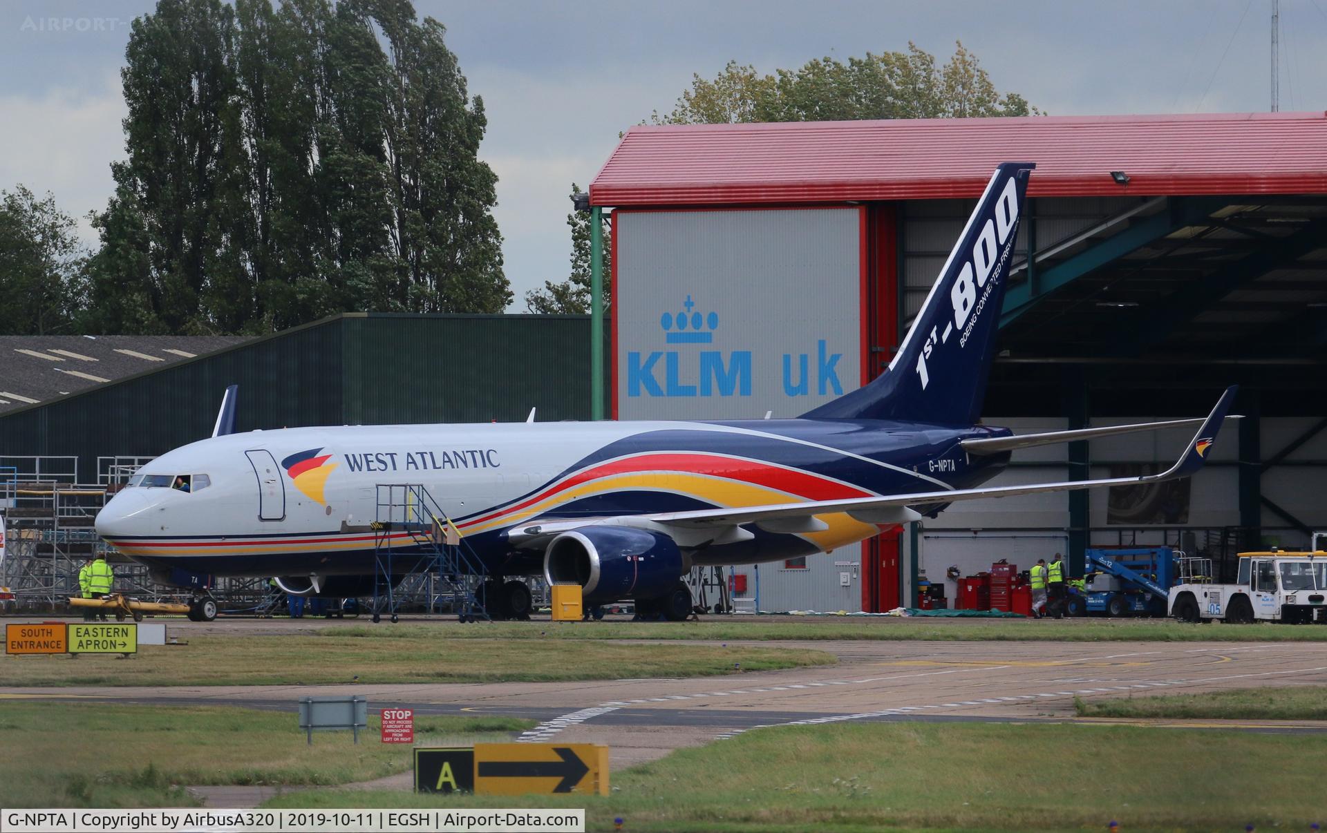 G-NPTA, 2004 Boeing 737-86N(BCF) C/N 32740, Emerging from KLM Engineering hangar at Norwich