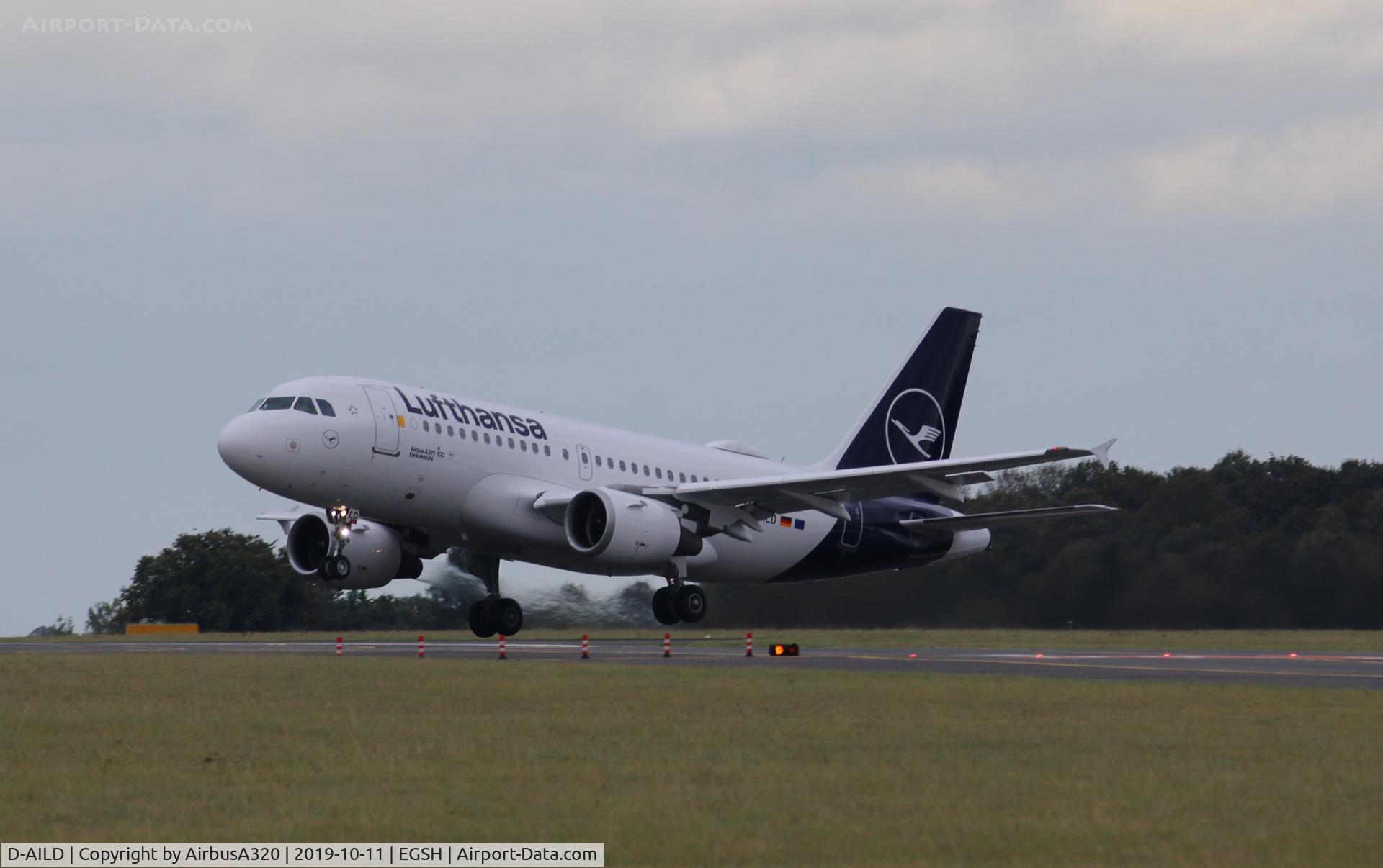 D-AILD, 1996 Airbus A319-114 C/N 623, Departing Rwy 27 at Norwich on way home following repaint into the lastest livery of Lufthansa