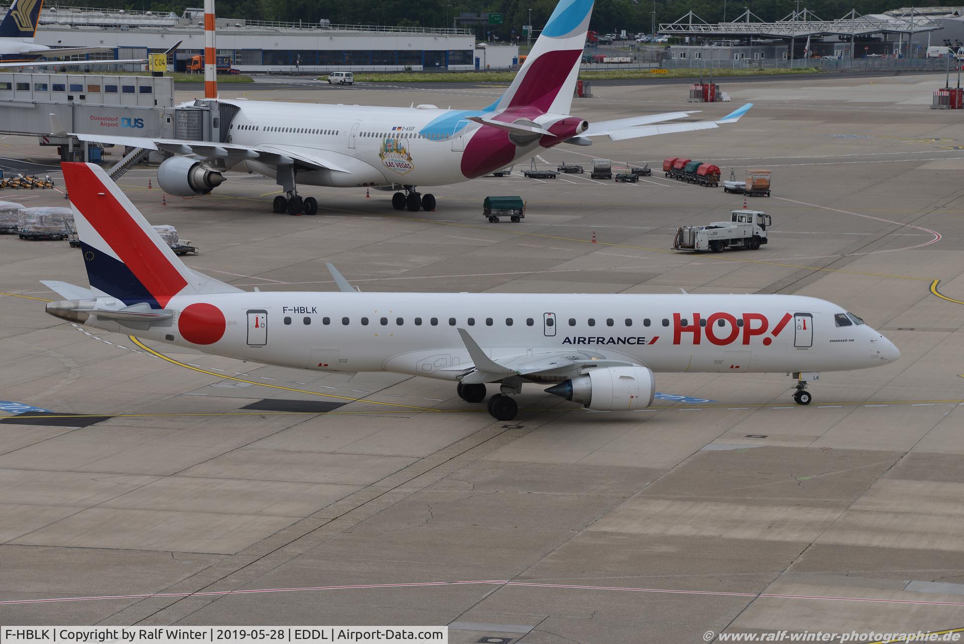 F-HBLK, 2018 Embraer 190STD (ERJ-190-100) C/N 19000760, Embraer ERJ-190STD 190-100 - A5 HOP HOP! 'Cpt. Francois Debost' - 19000760 - F-HBLK - 28.05.2019 - DUS