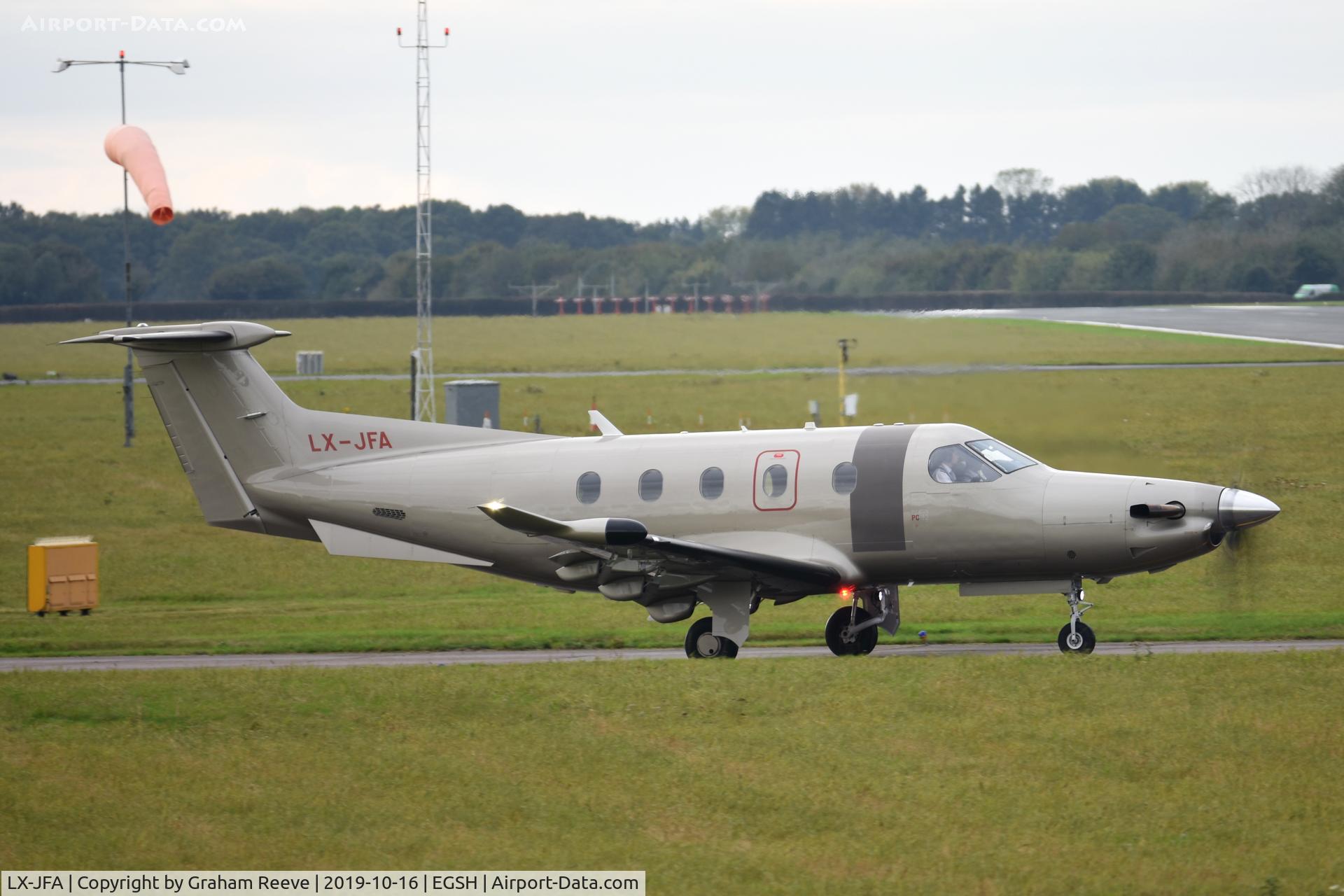 LX-JFA, 2016 Pilatus PC-12/47E C/N 1633, Departing from Norwich.