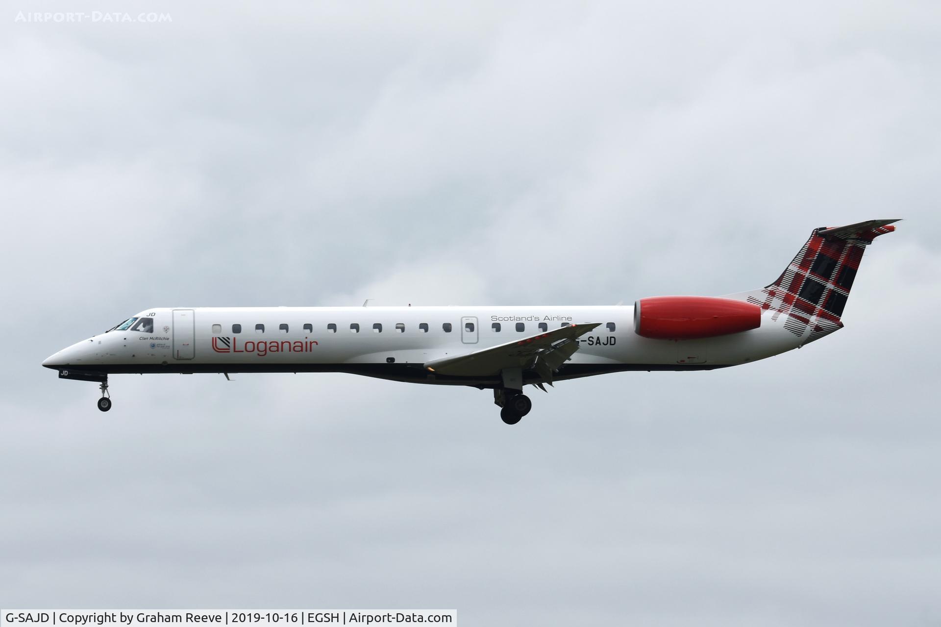 G-SAJD, 2001 Embraer EMB-145EP (ERJ-145EP) C/N 145454, Landing at Norwich.