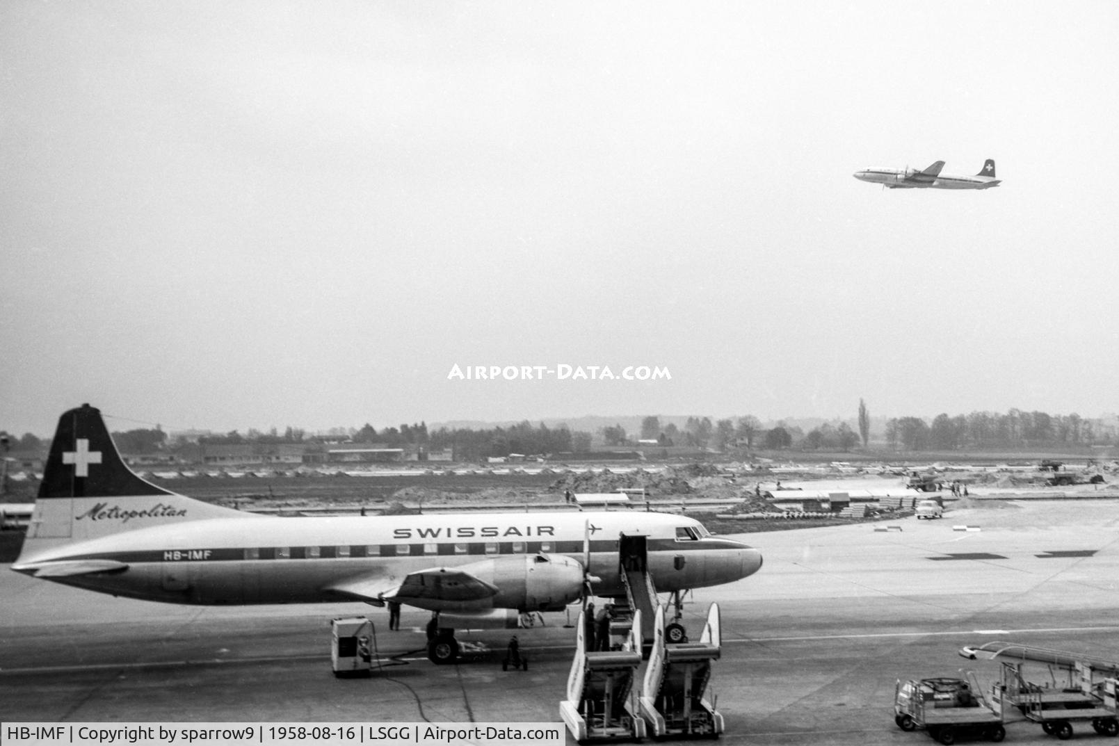 HB-IMF, 1956 Convair 440-11 Metropolitan C/N 355, Departing Geneva-Cointrin. Scanned from a 6x9 b+w negative.
