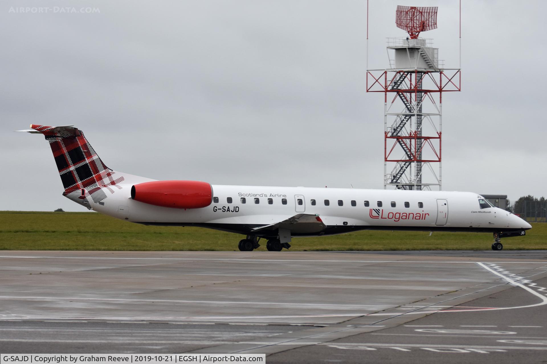 G-SAJD, 2001 Embraer EMB-145EP (ERJ-145EP) C/N 145454, Departing from Norwich.