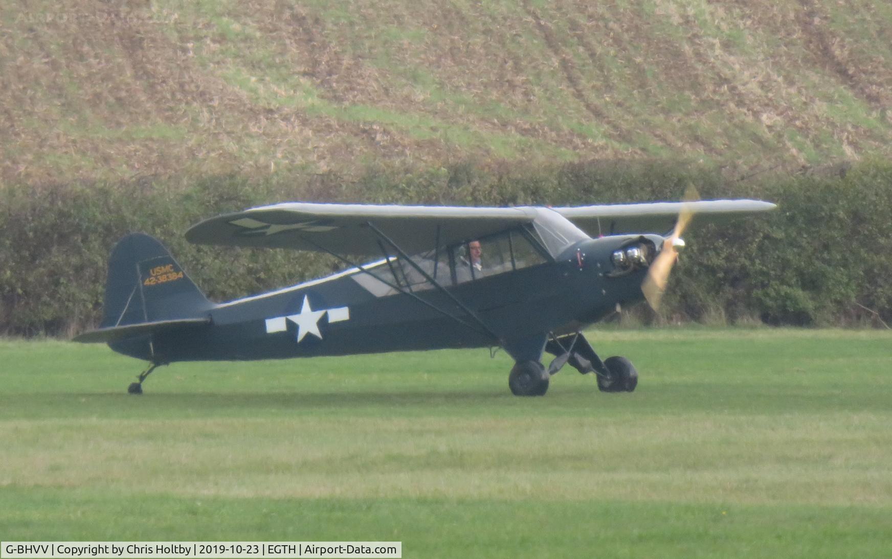 G-BHVV, 1943 Piper J3C-65 Cub Cub C/N 10291, 1942 Grasshopper about to take-off down the grass runway at Old Warden
