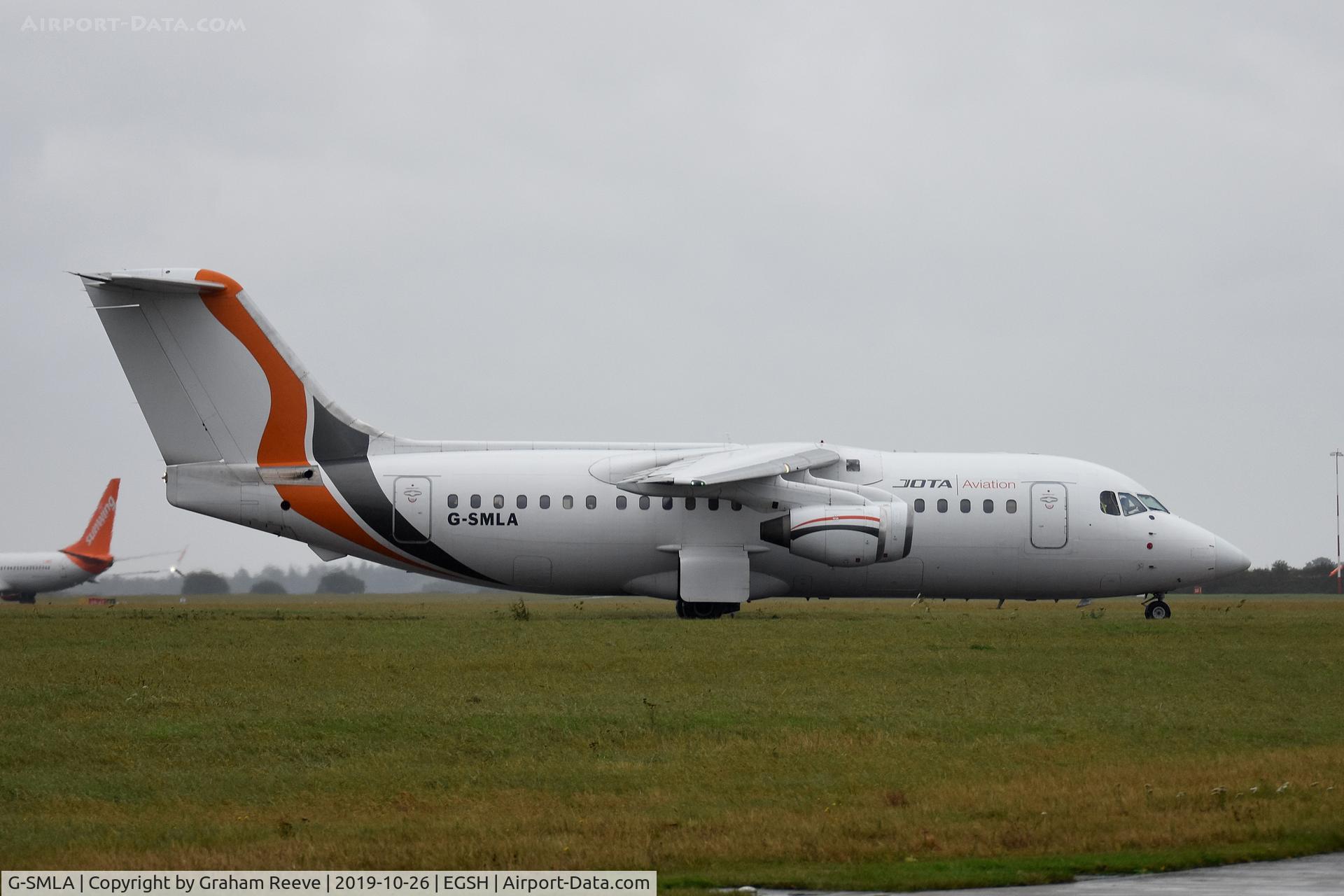 G-SMLA, 1985 British Aerospace BAe.146-200 C/N E2047, Just landed at Norwich.