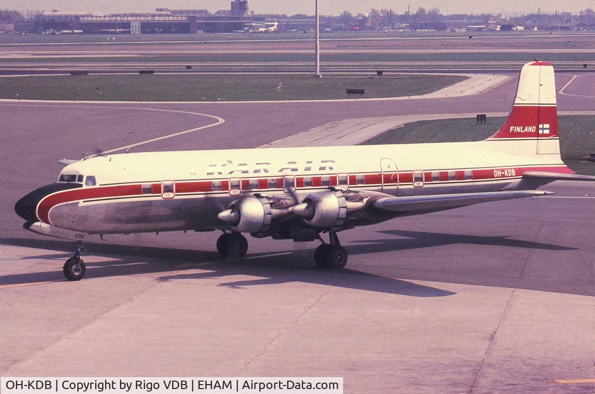 OH-KDB, 1958 Douglas DC-6B (C-118) C/N 45501, OH-KDB  around 1970 at Schiphol / Amsterdam.