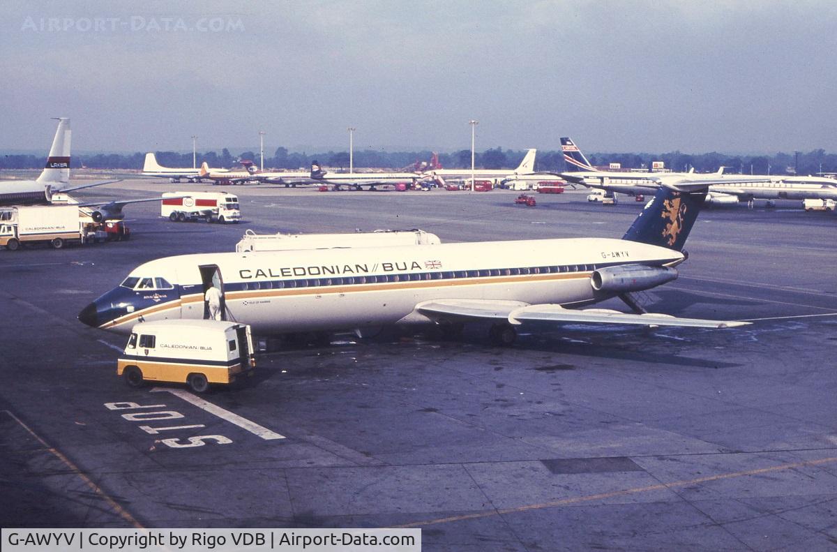 G-AWYV, 1969 BAC One Eleven 501EX C/N 178, G-AWYV of Caledonian-BUA in early 1970's.
Place & date unknown.